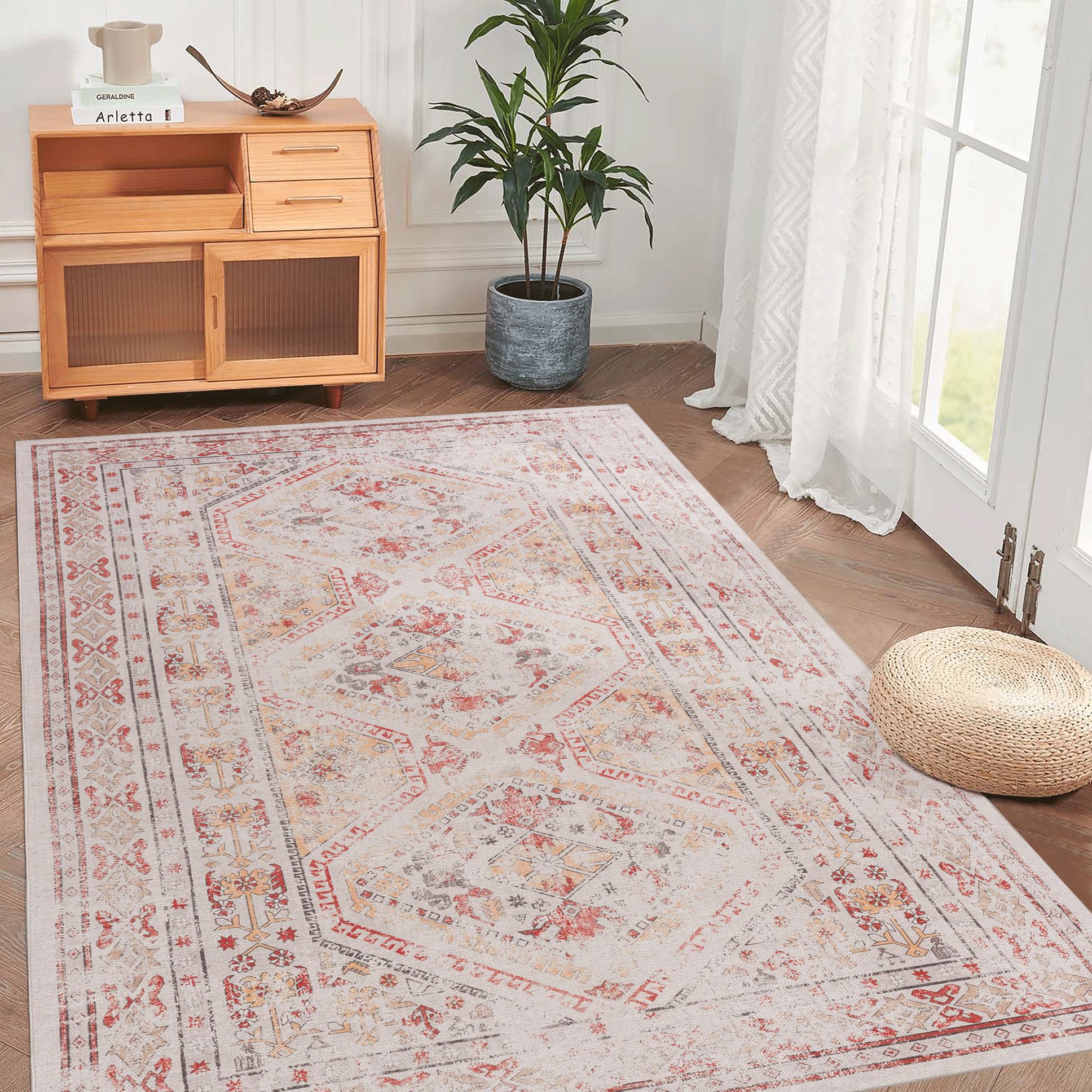 9x12 Large Washable Low-Pile Non-Slip Non-Shedding Area Rug, Kid and Pet Friendly, Foldable for Living Room, Bedroom, Kitchen, Beige
