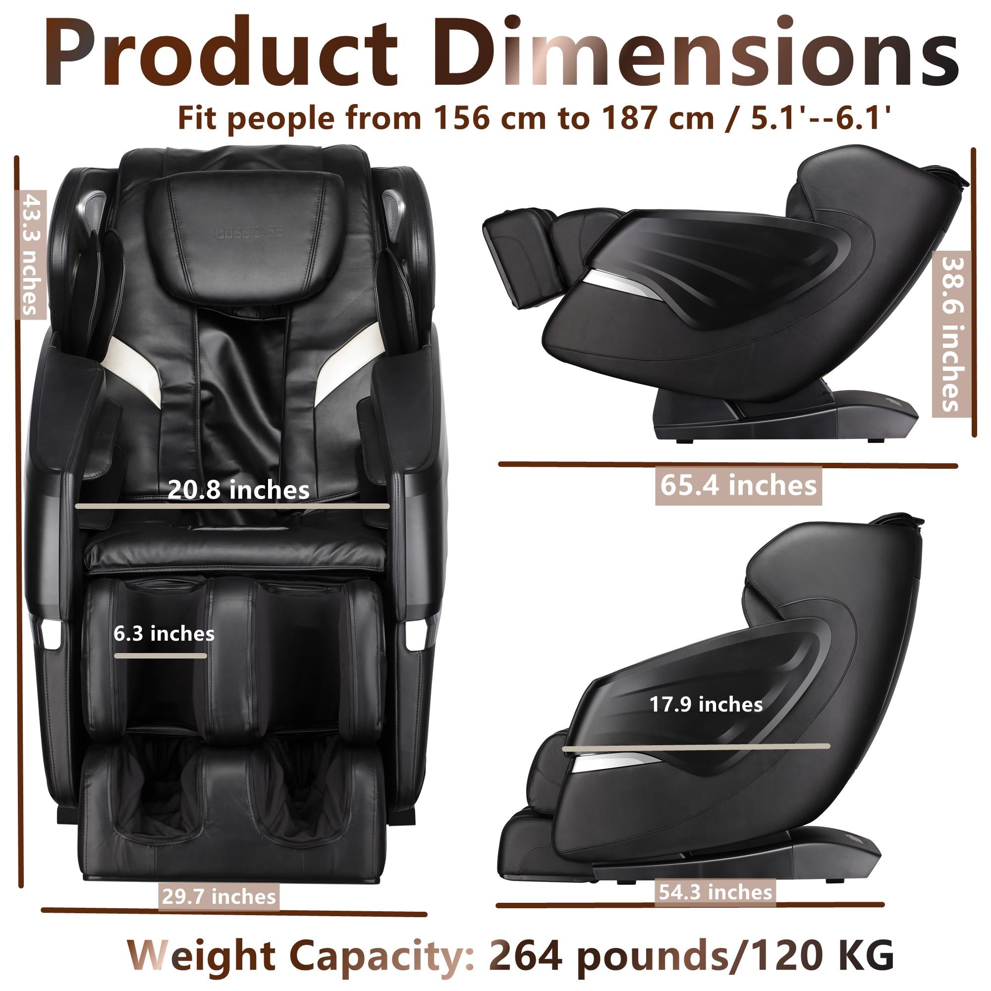 SL Track Massage Recliner with Bluetooth Speaker, Foot Roller, Airbag Massage, Zero Gravity Full Body Recliner, 54.5" L x 30" W x 43.5" H, Black