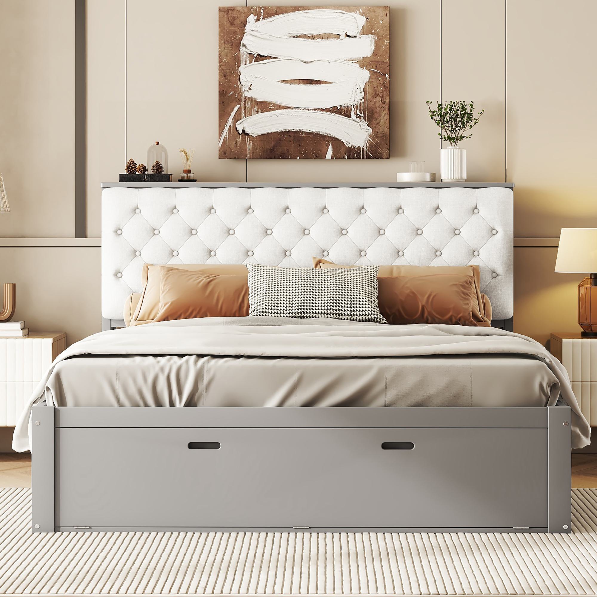 Wood Queen Size Platform Bed with Storage Headboard, Shoe Rack, and 4 Drawers, 90.5" L x 63" W x 43" H, Gray