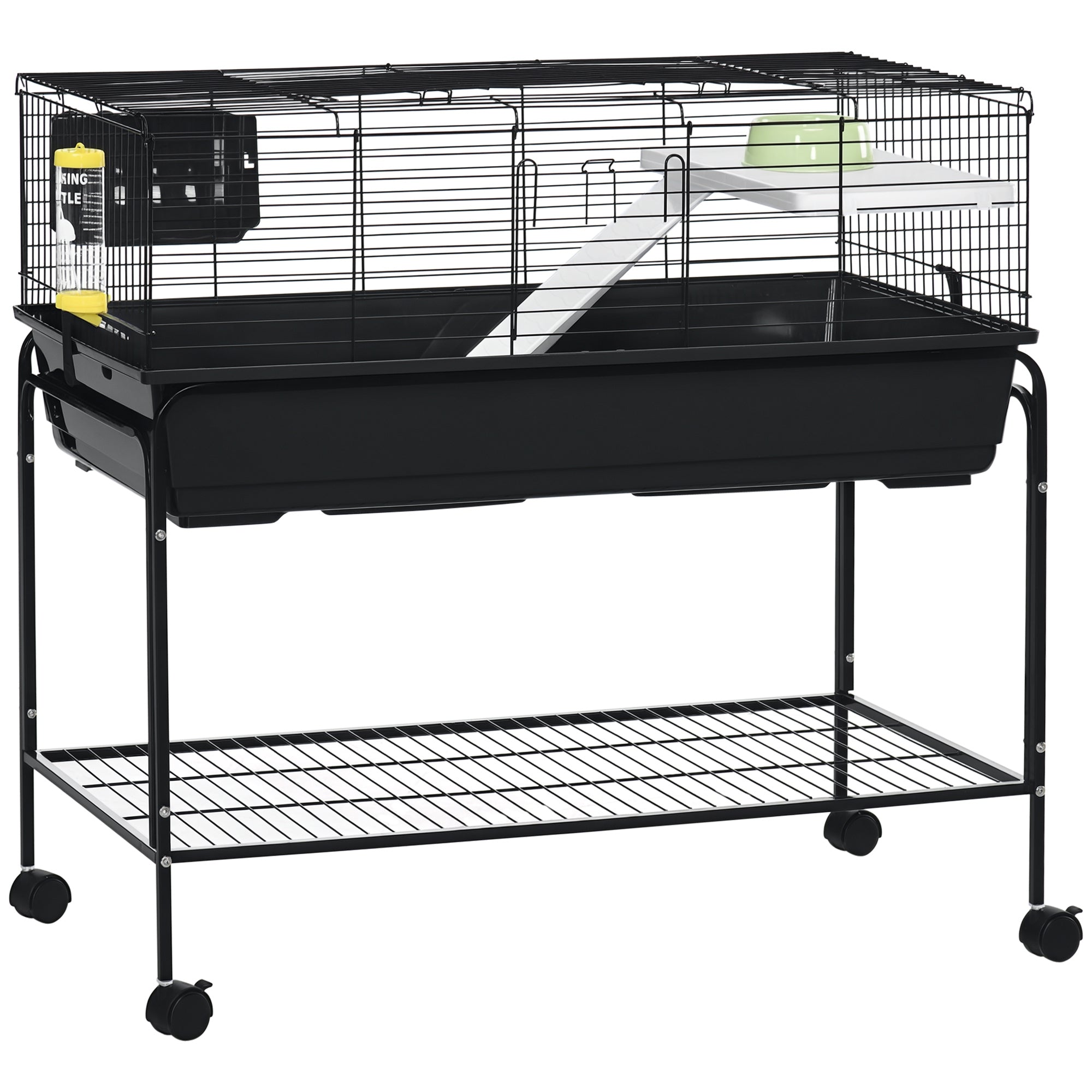 Two-Story Small Animal Cage Removable from Stand, Guinea Pig Cage with Shelf & Wheels, Pet Habitat for Hedgehog, Chinchilla, Ferret, 39" x 20.5" x 36.5", Black
