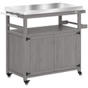 Outdoor Grill Cart w/ Stainless Steel Top, Solid Wood Outdoor Kitchen Island w/ Wheels, Storage Cabinets, Gray