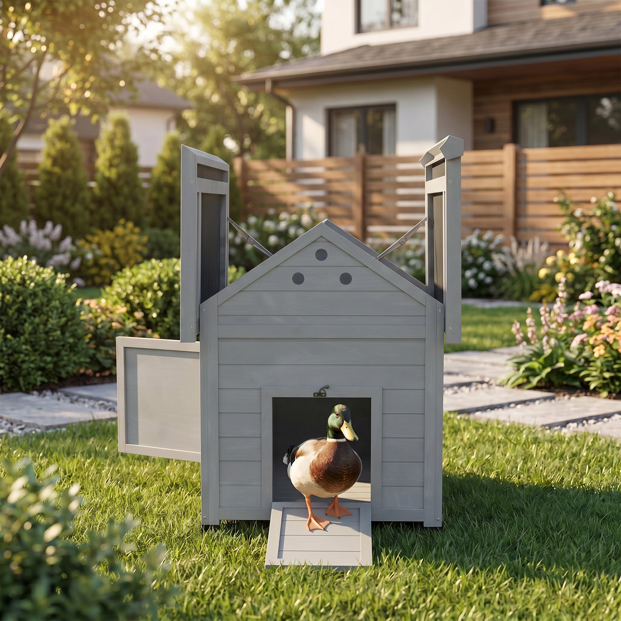 Duck Coop, Wooden Duck House with Openable Roof & Double Doors, Light Gray