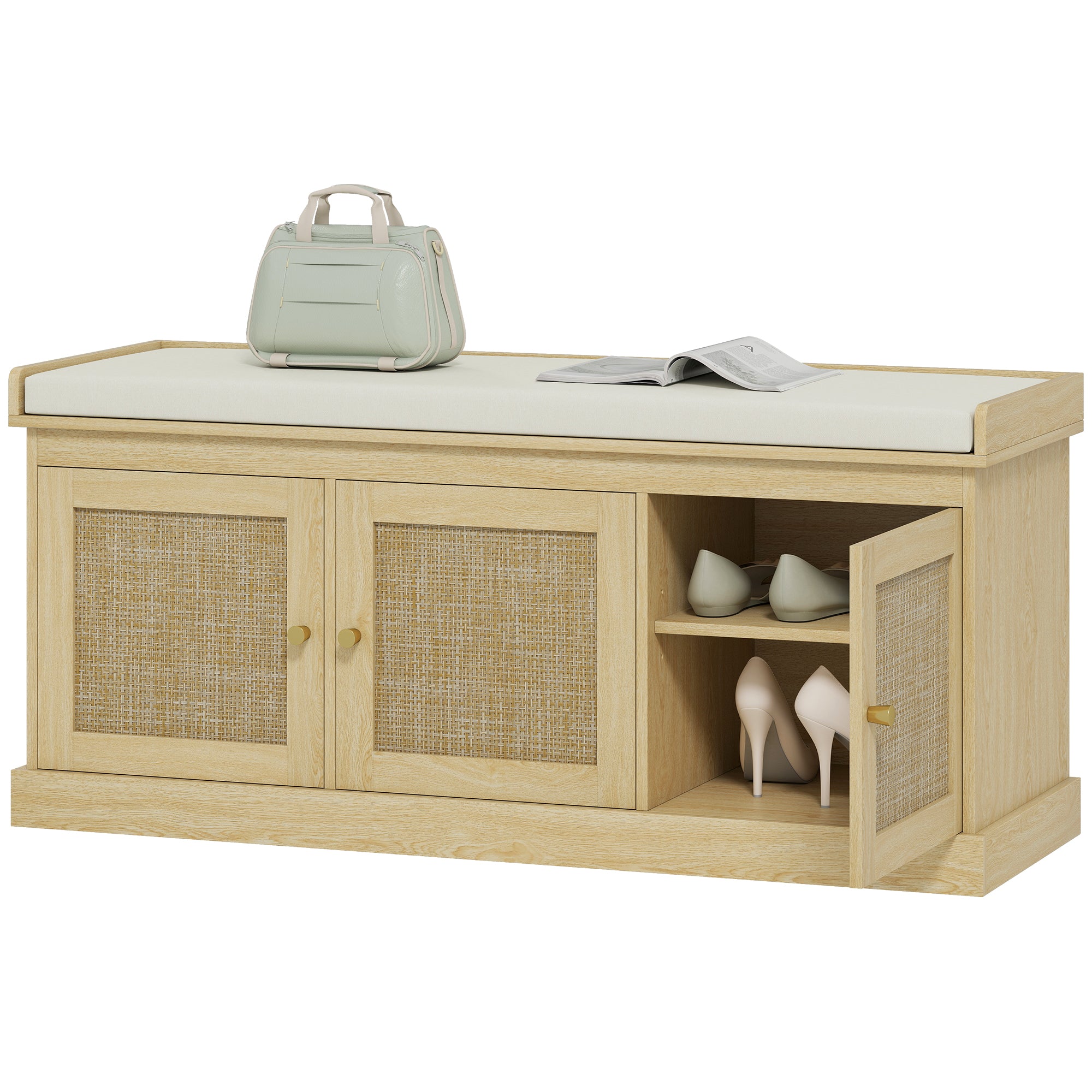 Shoe Storage Bench with Woven Rattan Doors, Shoe Bench with Cushion, Adjustable Shelves, Entryway Bench, Oak Tone