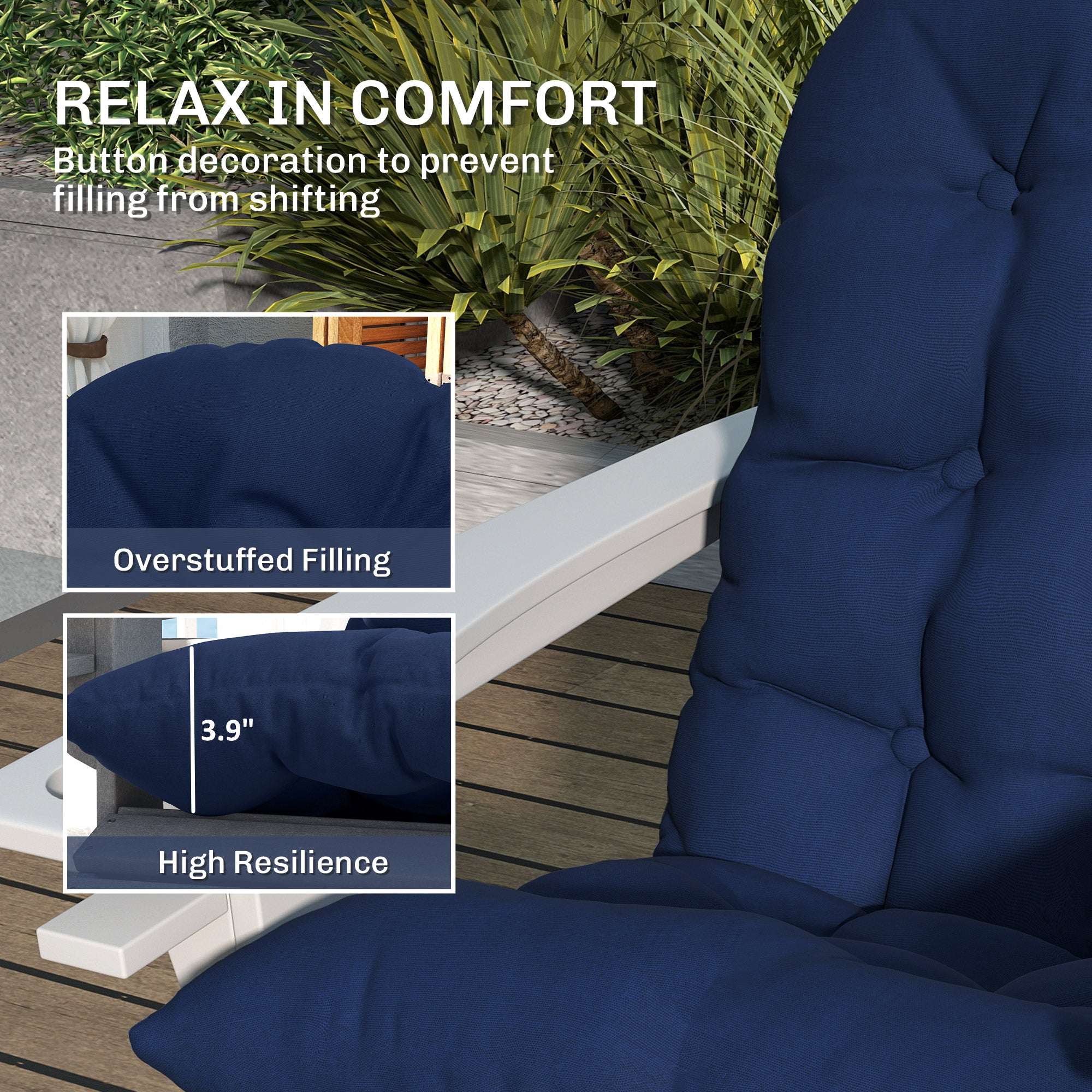 Adirondack Chair Cushions Set of 2, Tufted High Back Patio Non-Slip Cushions for Adirondack Chairs, Navy Blue