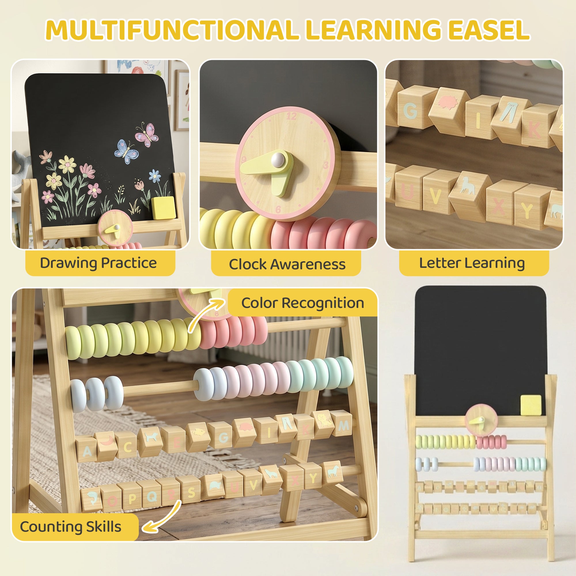 Wooden Kids Art Easel with Double-Sided Chalkboard, Clock, Abacus, Blackboard Eraser for Painting, for Ages 2+, Natural