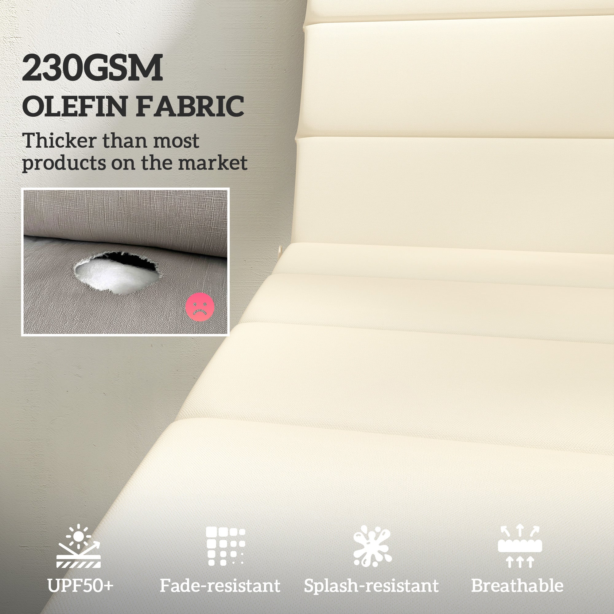 Foldable Chaise Lounge Cushion Set of 2, Outdoor Lounge Chair Cushion Set, UPF50+ 230gsm Olefin, 80" x 26" Cream White