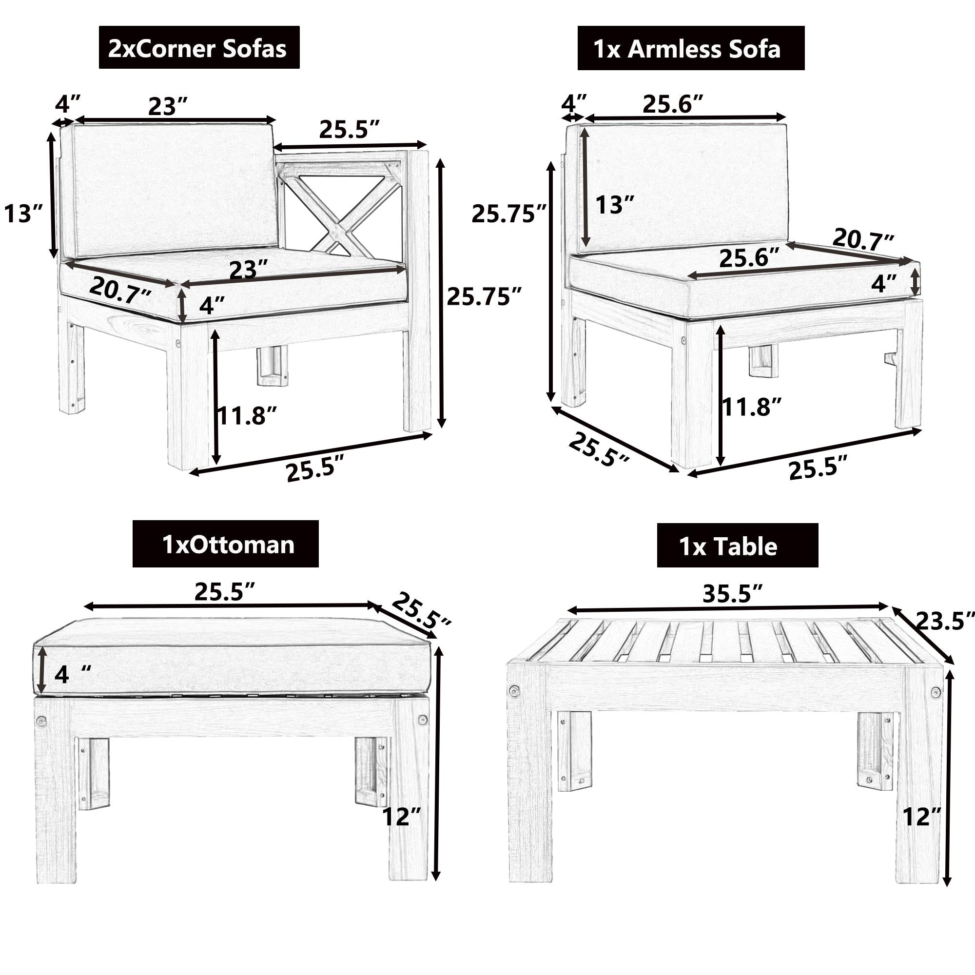 Casual Outdoor Sectional Sofa with Wood Frame & Cushions, Patio Seating Group for Backyard, 25.5" L x 25.5" W x 25.5" H, Beige