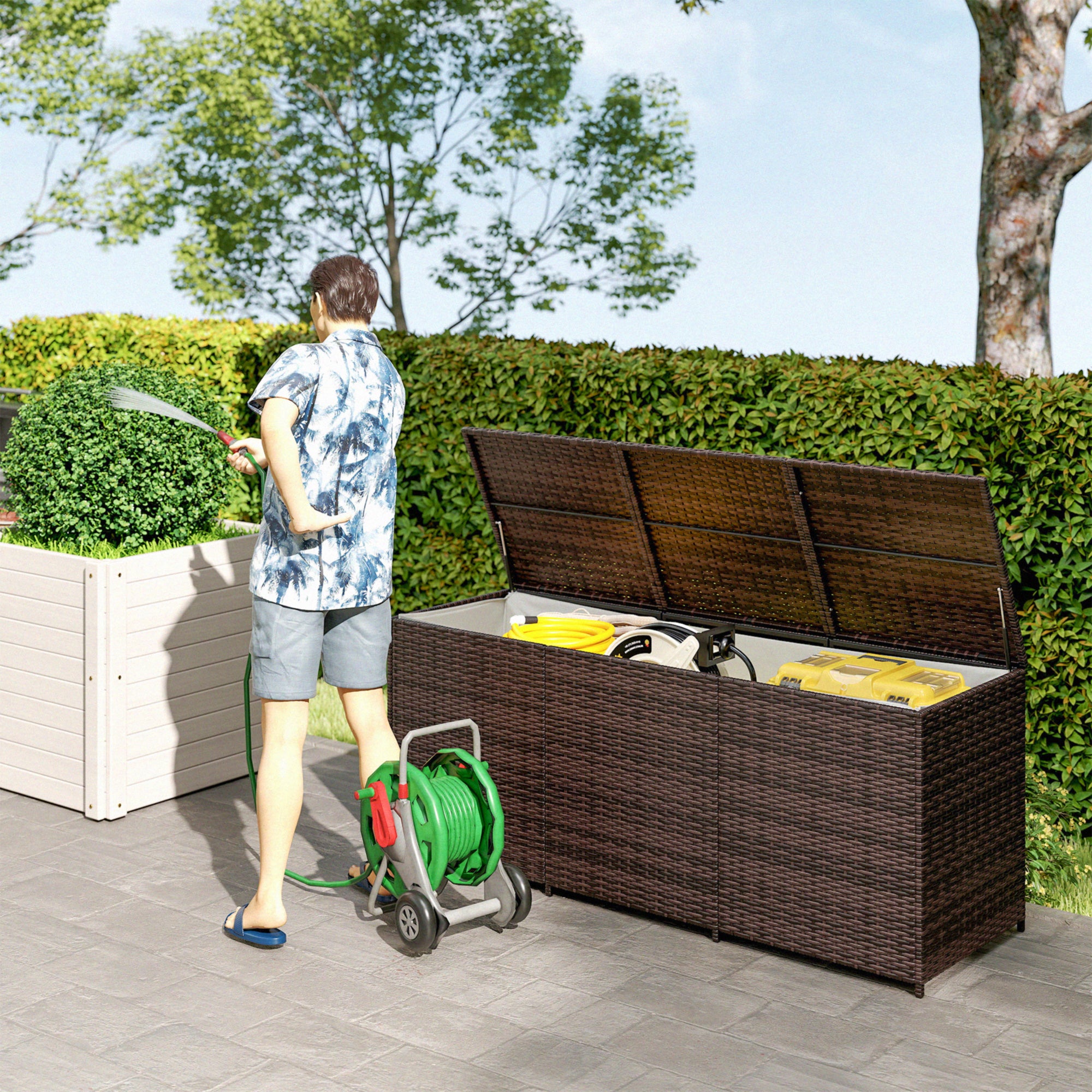 175 Gallon Outdoor Storage Box with Inner Liner, PE Rattan Wicker Deck Box with Pneumatic Bar Lift, Mixed Brown