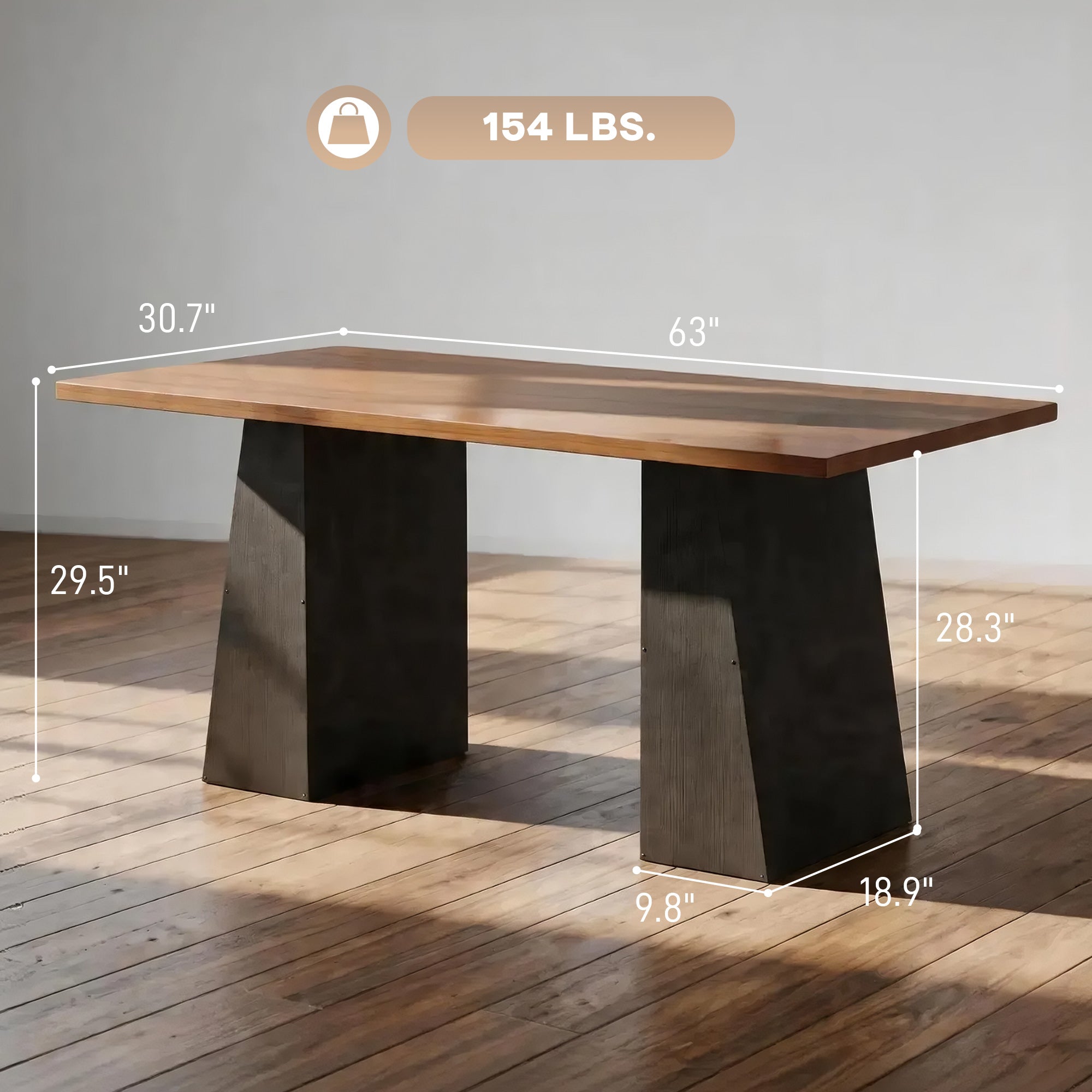 63 Inch Computer Desk with Trapezoidal Frame Light Walnut and Black