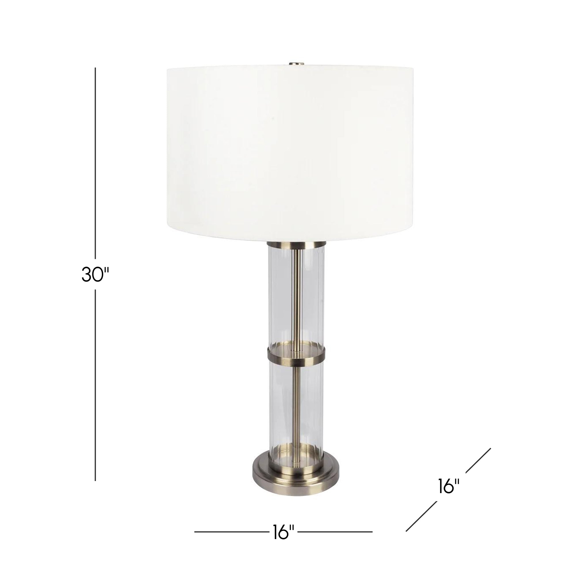 Echo Brushed Nickel Table Lamp with On/Off Switch, Clear Glass Body and Metal Base, 16" L x 16" W x 30" H, Silver+White