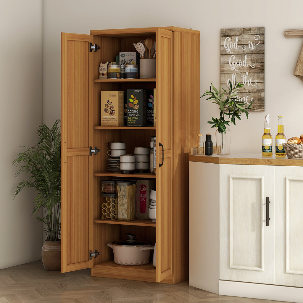63" 2-Door Kitchen Pantry, Freestanding Cabinet with 2 Adjustable Shelves for Dining Room, Cinnamon Teak Wood Grain