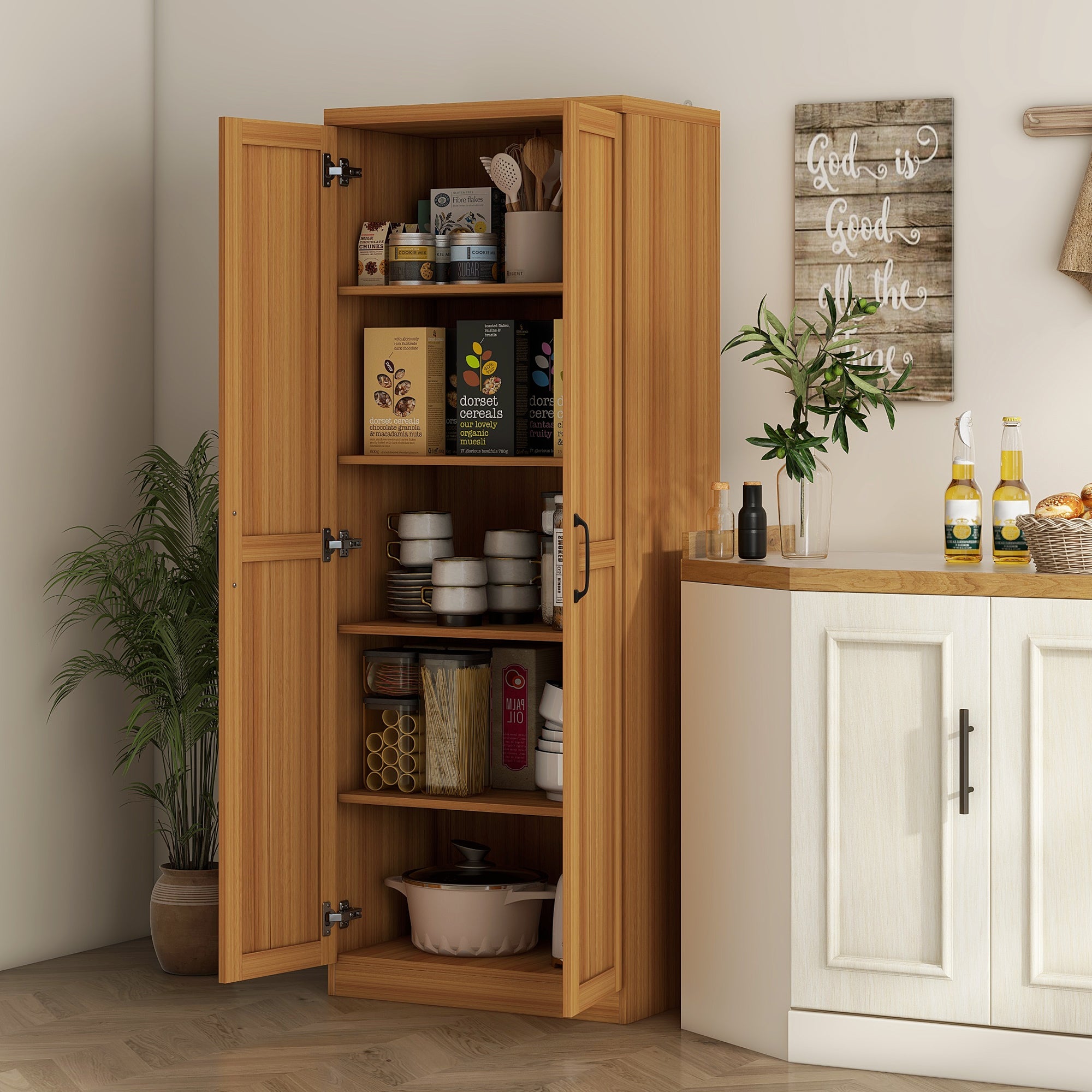 63" 2-Door Kitchen Pantry, Freestanding Cabinet with 2 Adjustable Shelves for Dining Room, Cinnamon Teak Wood Grain