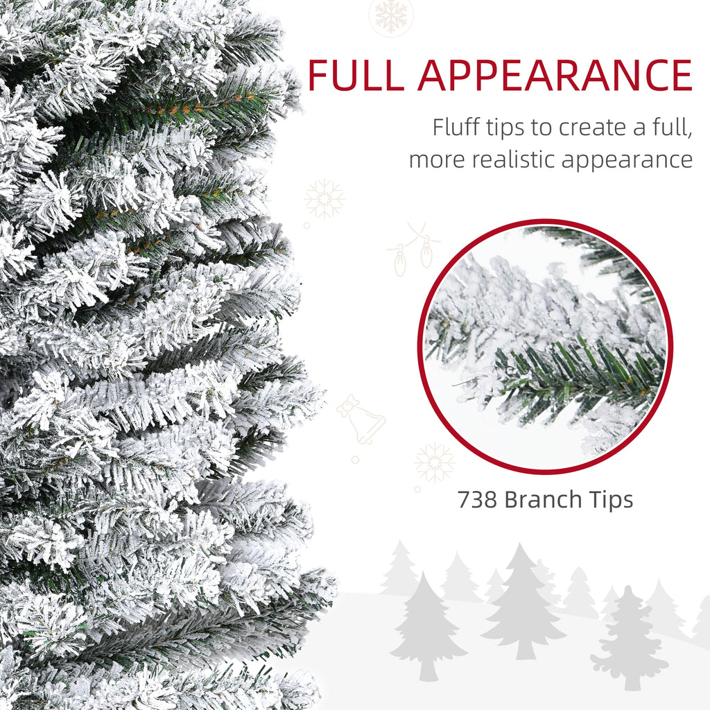 7.5ft Flocked Christmas Tree, Pencil Artificial Xmas Tree with Faux Snow, Dense Branches, Foldable Metal Base for Indoor Holiday Decor