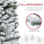 7.5ft Flocked Christmas Tree, Pencil Artificial Xmas Tree with Faux Snow, Dense Branches, Foldable Metal Base for Indoor Holiday Decor