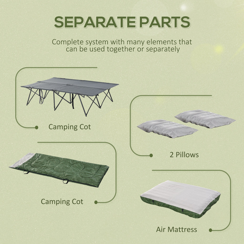 2-Person Folding Camping Cot Portable Outdoor Bed Set with Sleeping Bag, Inflatable Air Mattress, Comfort Pillows and Carry Bag, Soft and Comfortable for Outdoor Travel Camp Beach Vacation