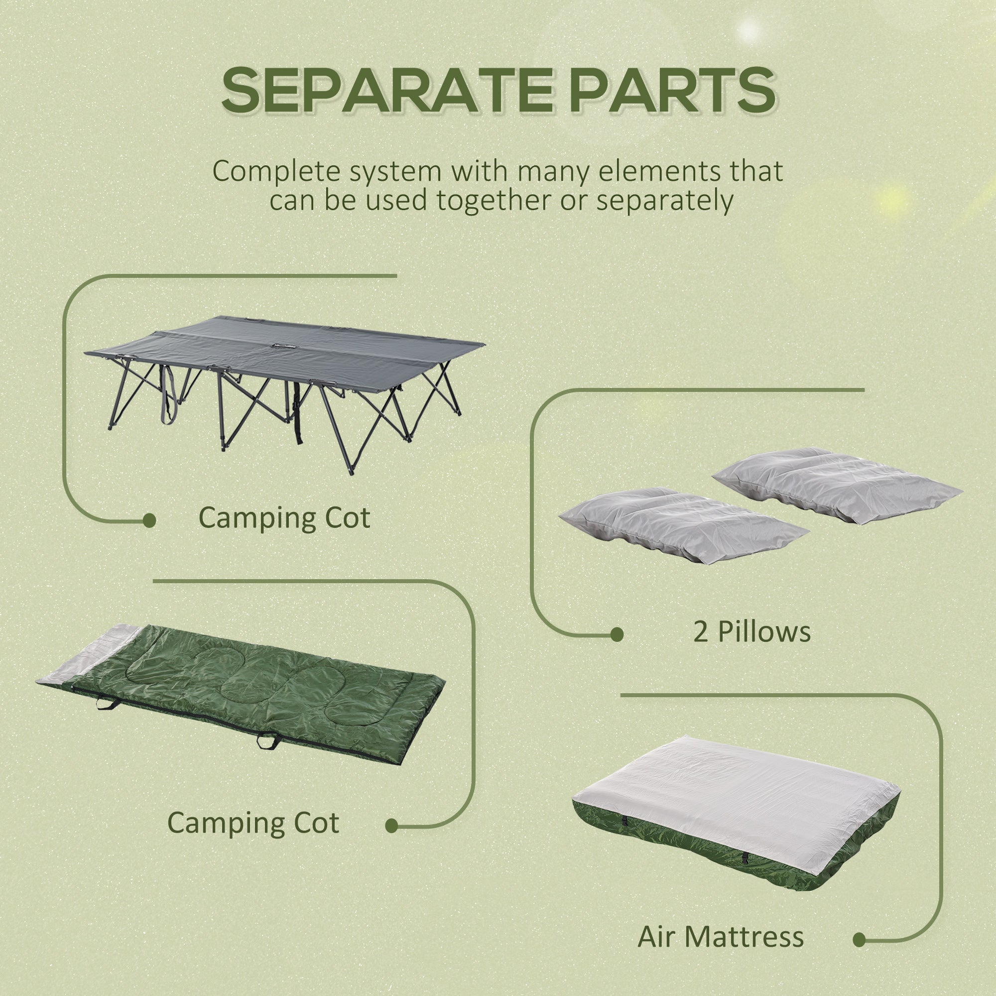 2-Person Folding Camping Cot Portable Outdoor Bed Set with Sleeping Bag, Inflatable Air Mattress, Comfort Pillows and Carry Bag, Soft and Comfortable for Outdoor Travel Camp Beach Vacation