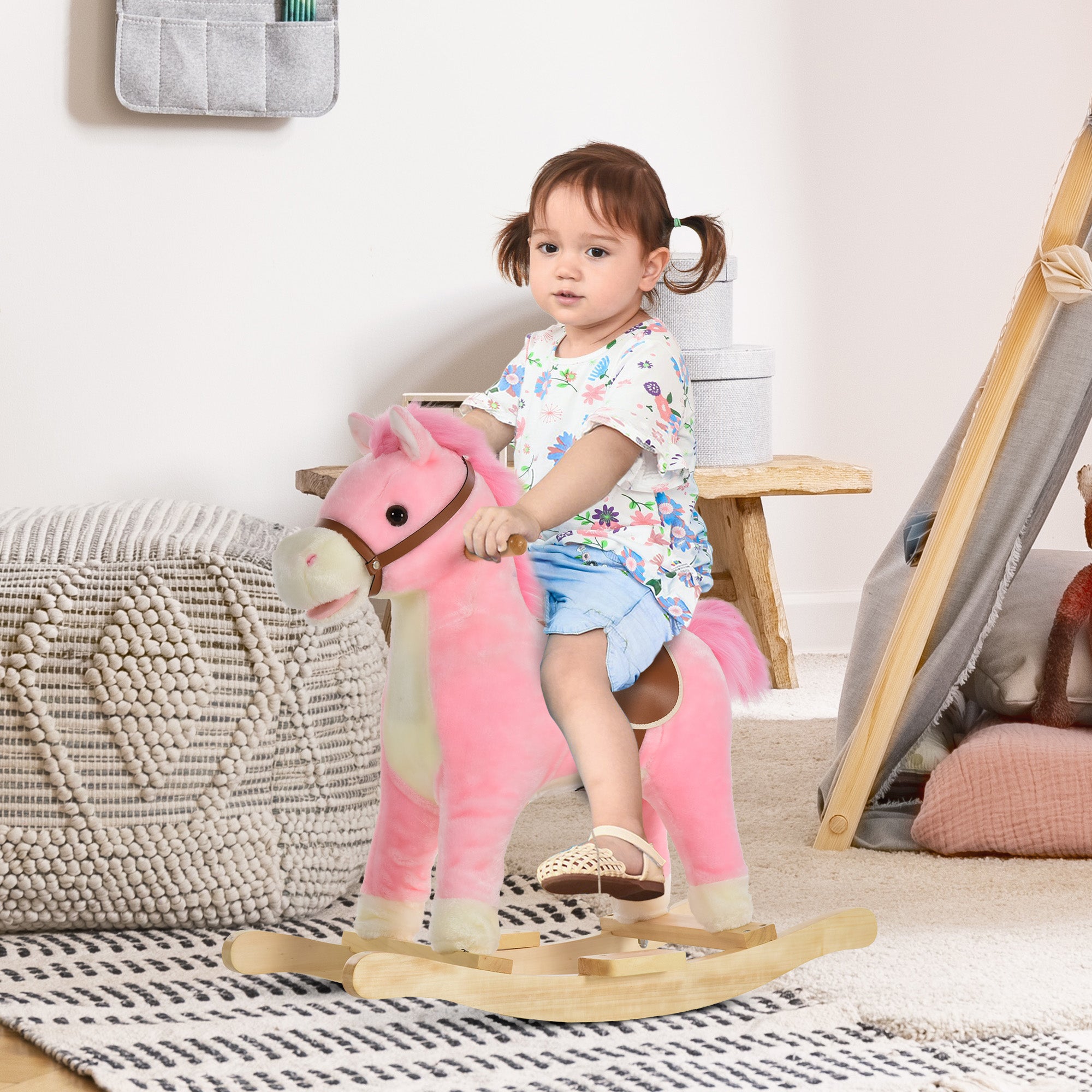 Rocking Horse Plush Animal on Wooden Rockers, Baby Rocking Chair with Sounds, Moving Mouth, Wagging Tail, Pink