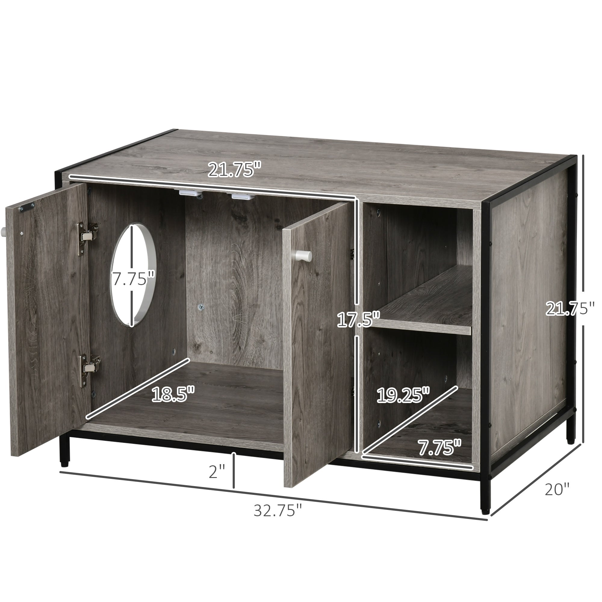 Large Wooden & Steel Cat Litter Box Enclosure, Kitten Washroom End Table, Indoor Hidden Cat House with Magnetic Doors & Storage Shelves, Gray