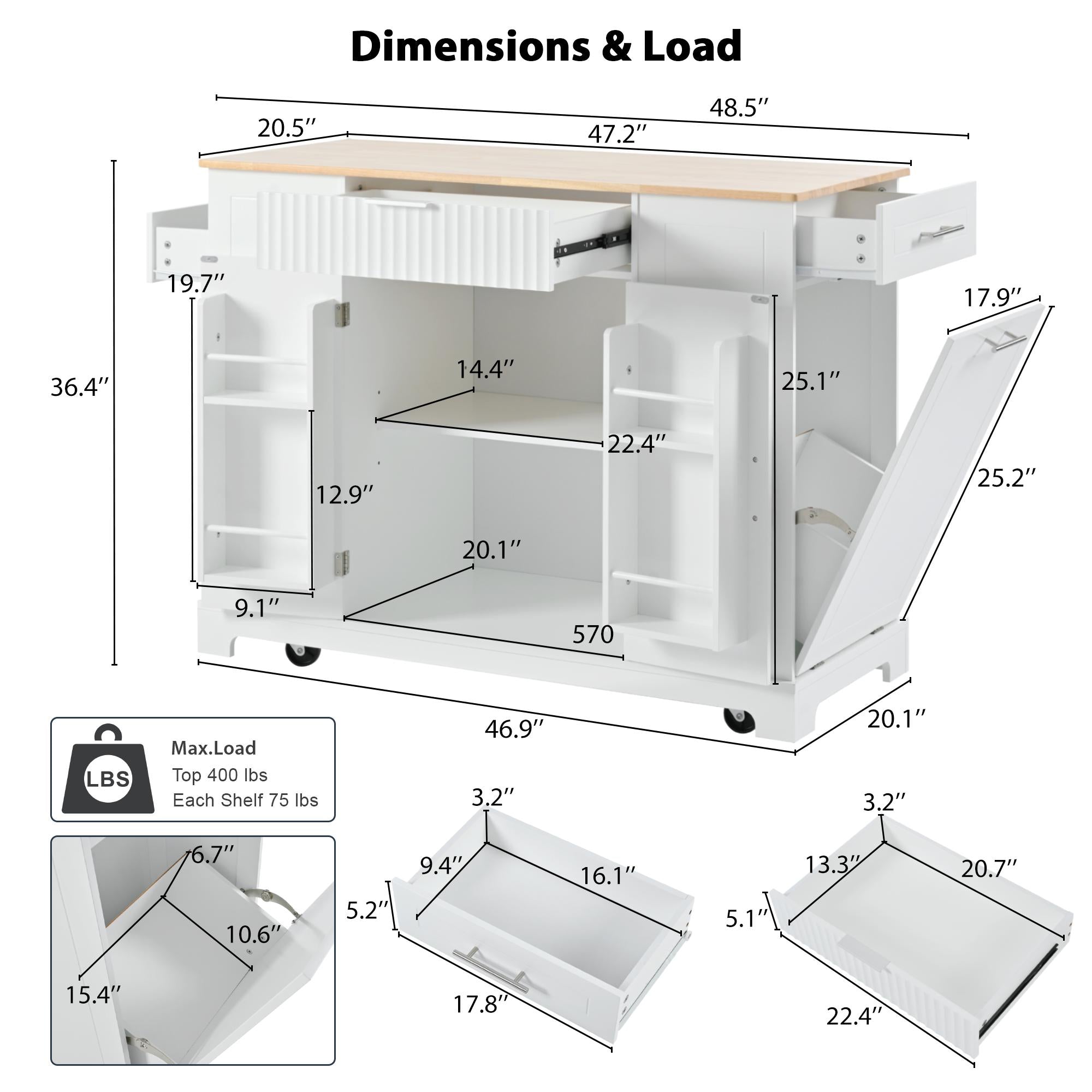 Fluted Kitchen Island with Trash Can Storage, Power Outlet, Internal Rack, Rolling Cart on 5 Wheels with 3 Drawers, 3 Open Side Racks, White