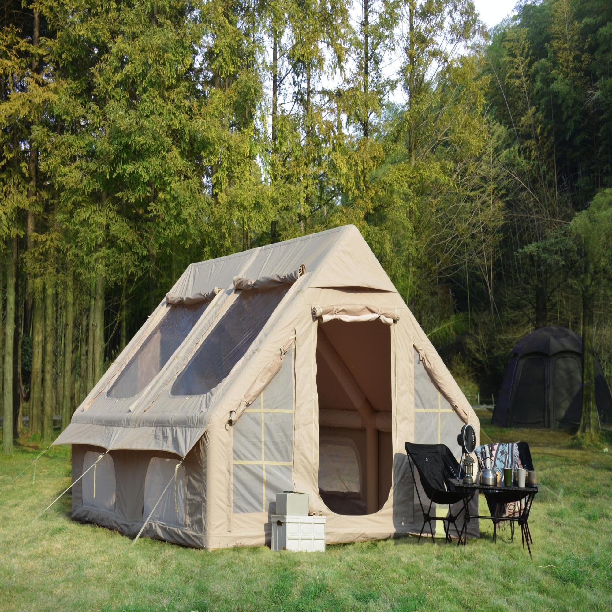 Inflatable Camping Tent with Hand Pump & Inflatable Beam Frame, Waterproof Cabin Tent for 4-8 People, 157.5″ L x 118″ W x 78.5″ H, Beige