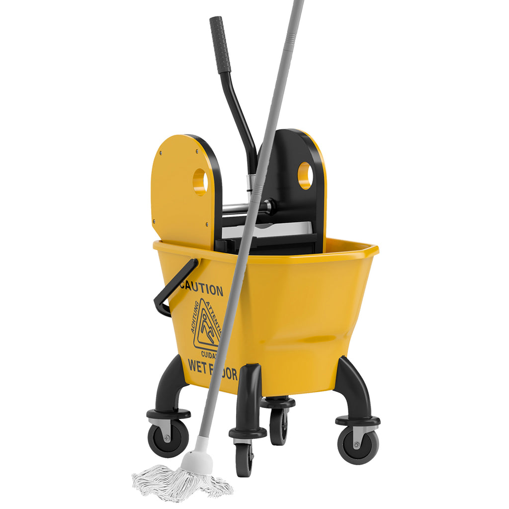 Mop Bucket with Wringer on Wheels for Floor Cleaning, 27.5 Quart Down Press Wringer with Handle and Mop, Yellow