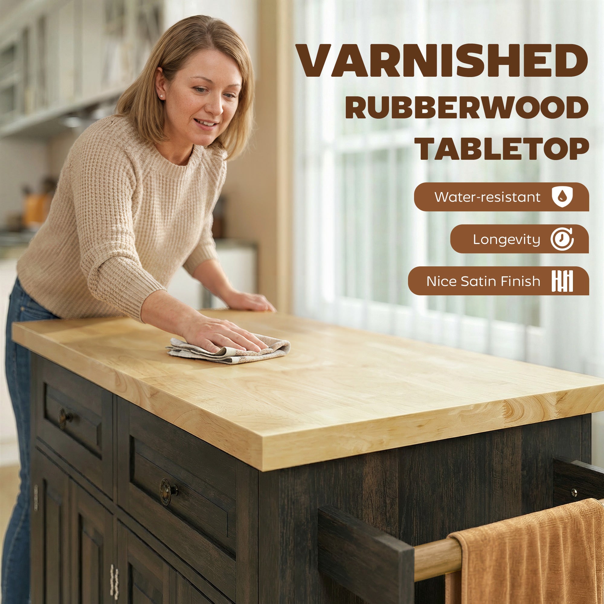 44" Mobile Kitchen Island Table, Kitchen Island Cart on Wheels with Storage Cabinets, 2 Drawers, Brown