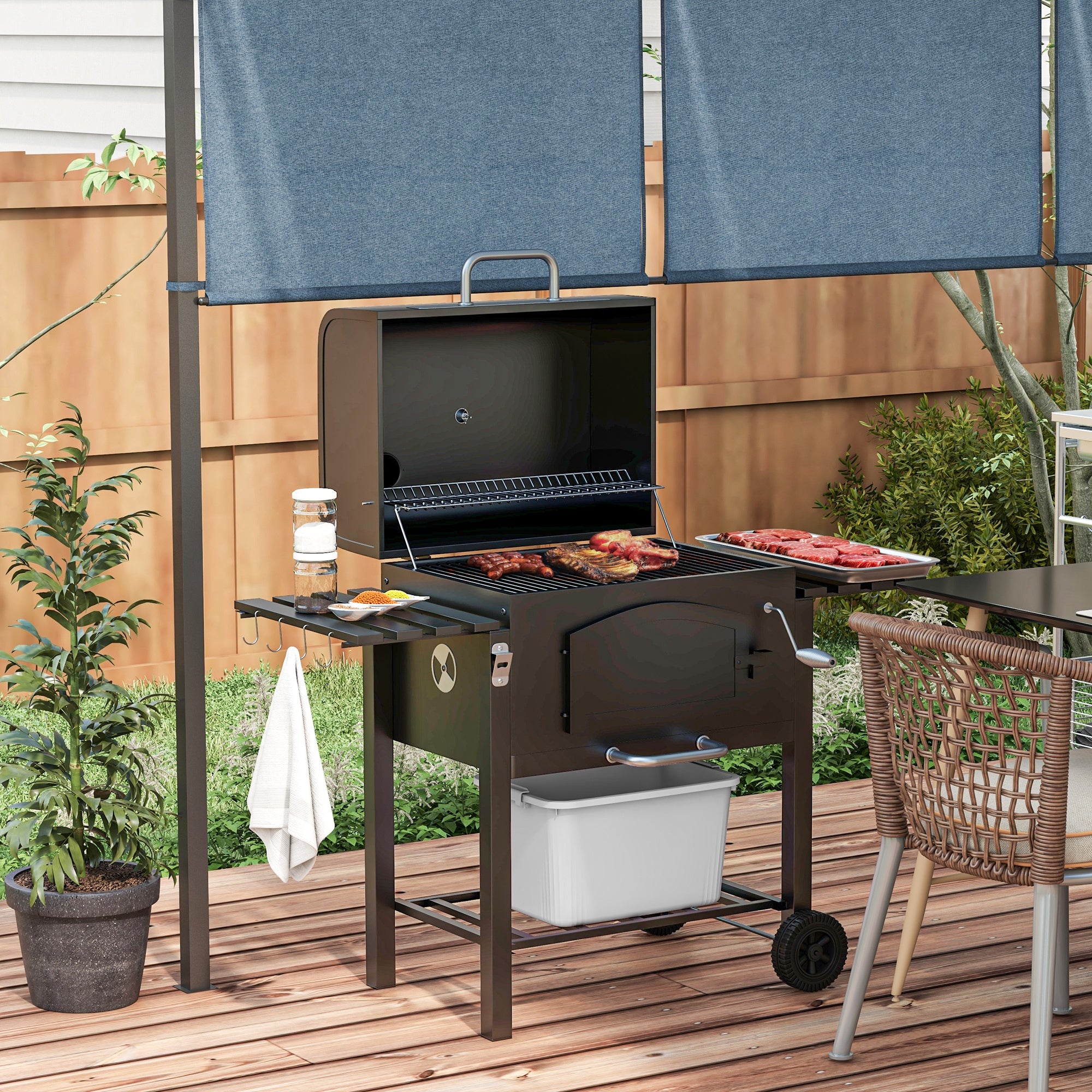 Charcoal BBQ Grill w/ Adjustable Height, Folding Shelves, Thermometer, and Wheels, Black