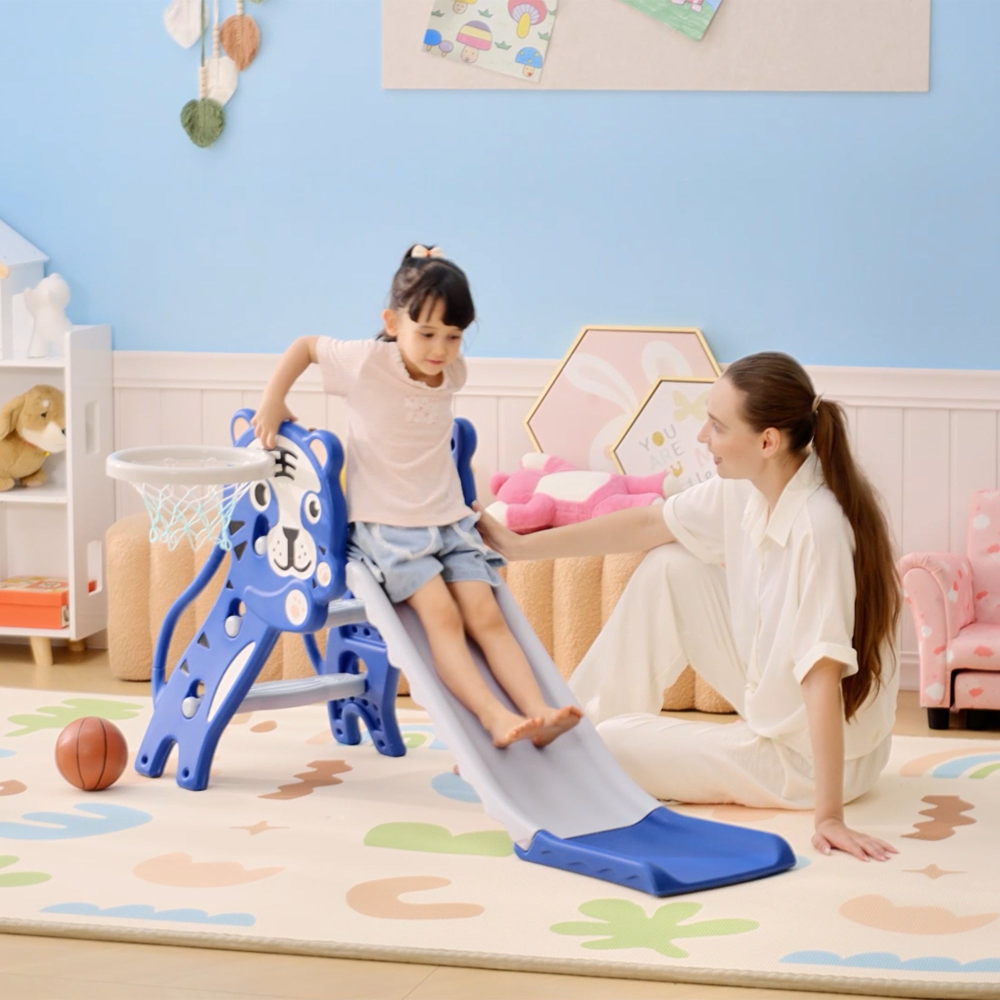 Slide for Kids with Basketball Hoop for Indoor Use, Easy Set Up Baby Slide for Kids 18-36 Months, Blue