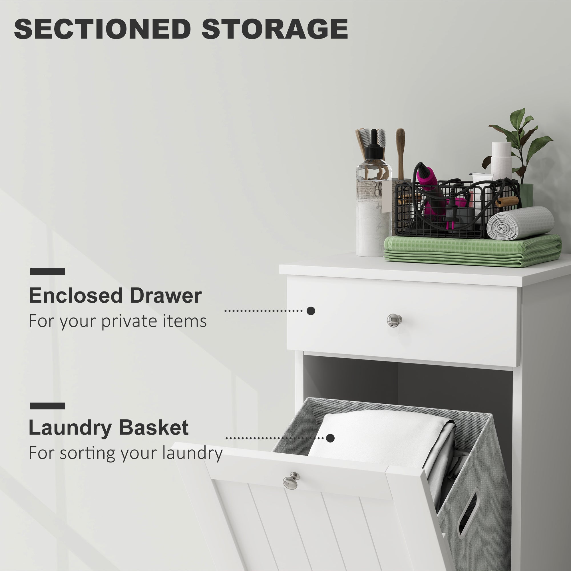 Laundry Hamper Cabinet, Laundry Cabinet with Tilt Out Laundry Basket and Drawer, White