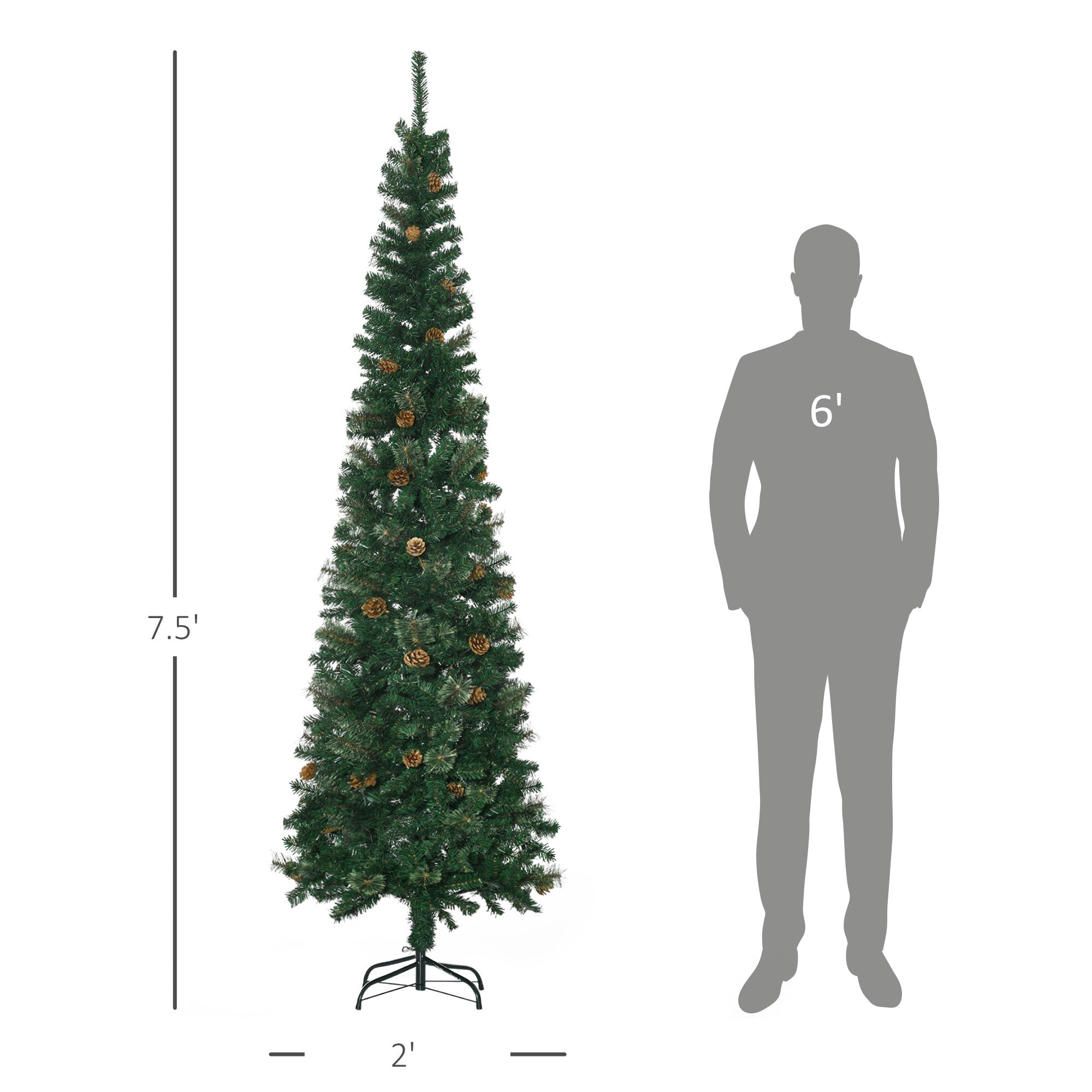 7.5 Foot Pencil Artificial Christmas Tree, Slim Pine Needles Xmas Tree with Realistic Branches, Pine Cones, Metal Base, Green