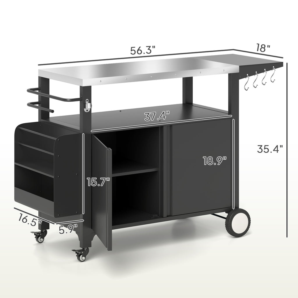 Outdoor Grill Cart Table with Stainless Steel Top, Movable Pizza Oven Table with Foldable Side Table, Wheels