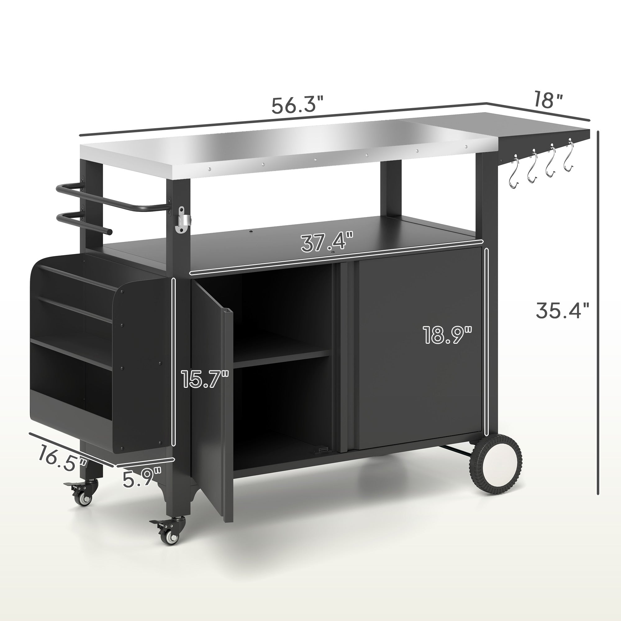 Outdoor Grill Cart Table with Stainless Steel Top, Movable Pizza Oven Table with Foldable Side Table, Wheels