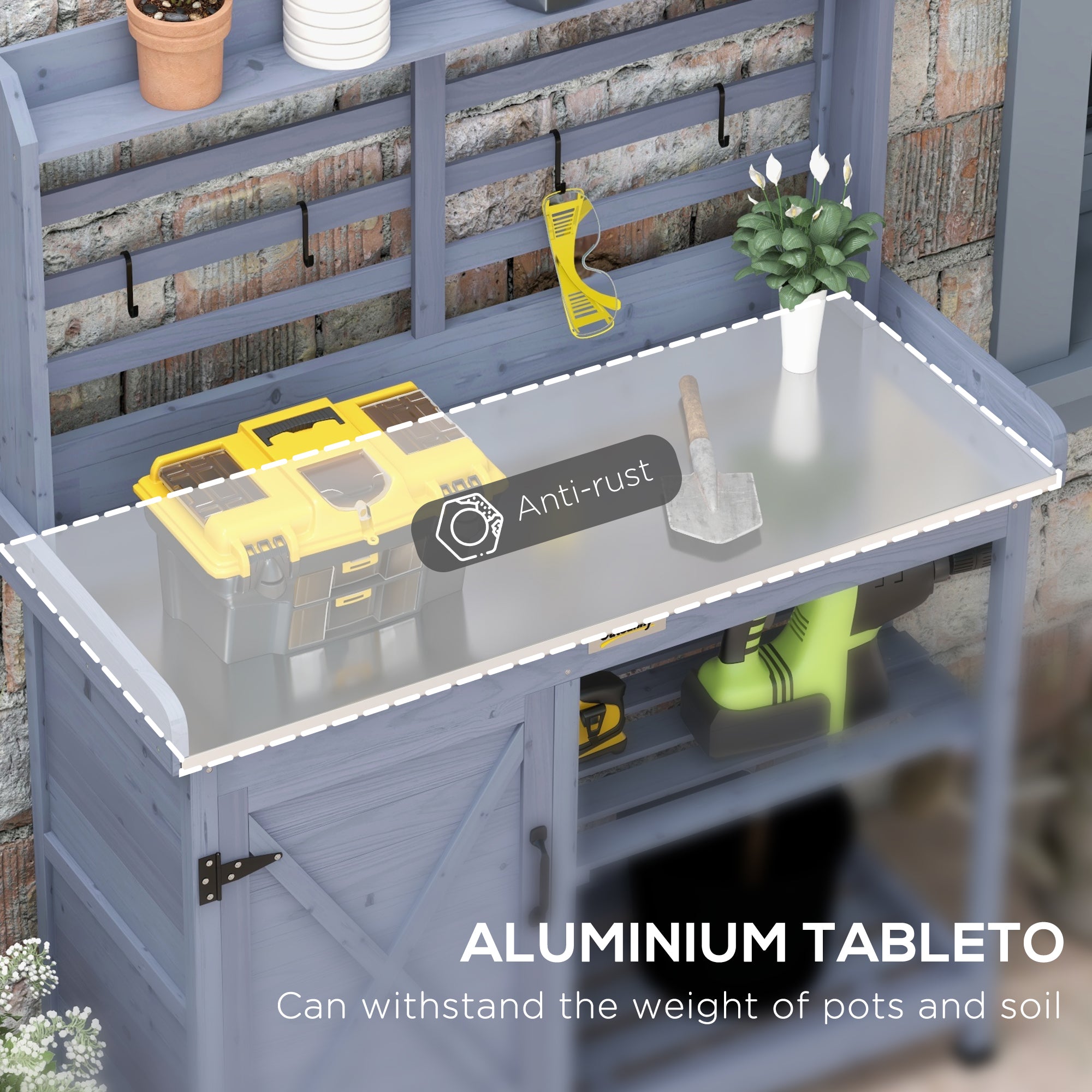 Wooden Potting Bench with Storage, Aluminum Tabletop for Backyard, Patio, Balcony, Gray