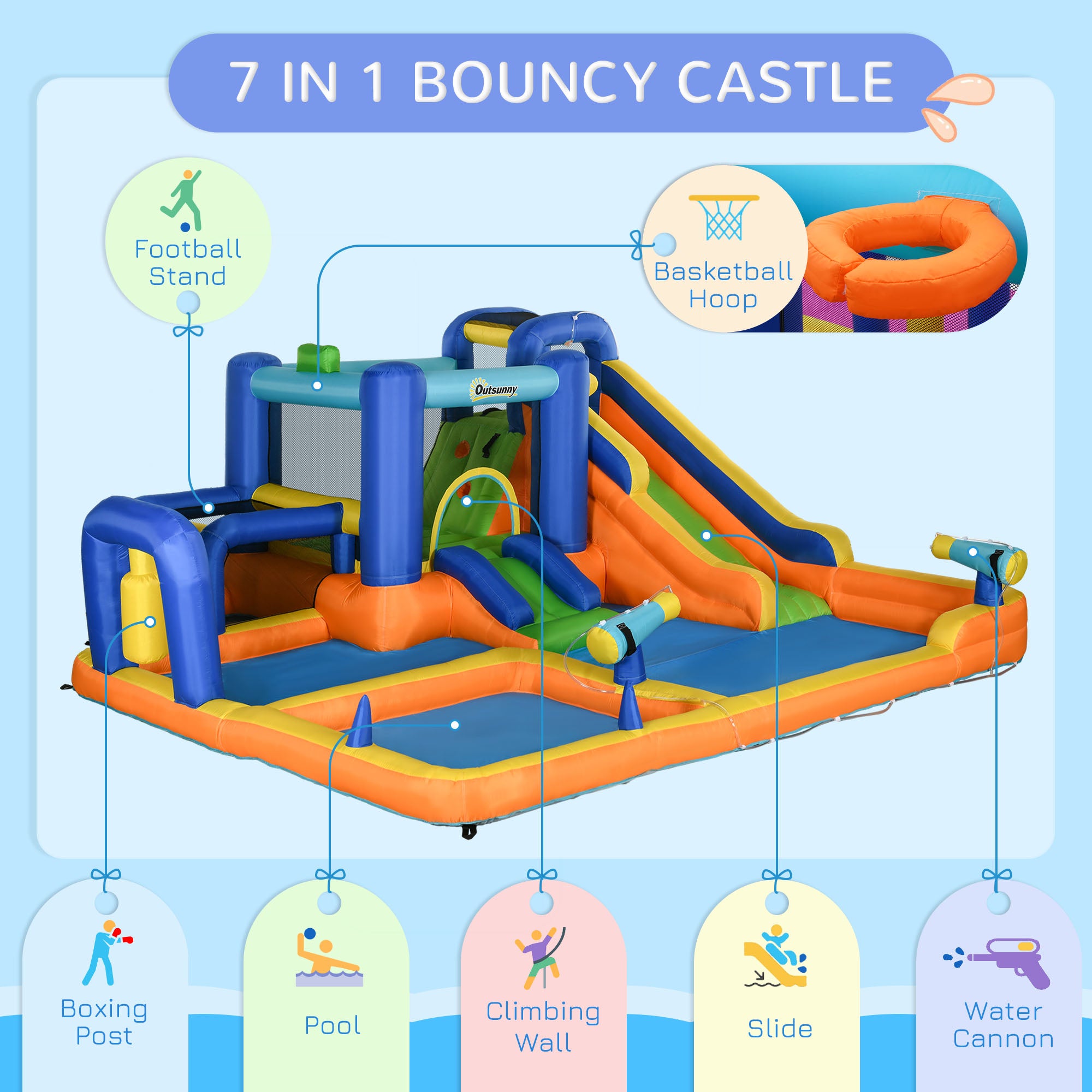 7 in 1 Water Slide w/ Slide Pool Climbing Wall Water Cannon Basketball Hoop Boxing Post Football Stand for 3-8 Years
