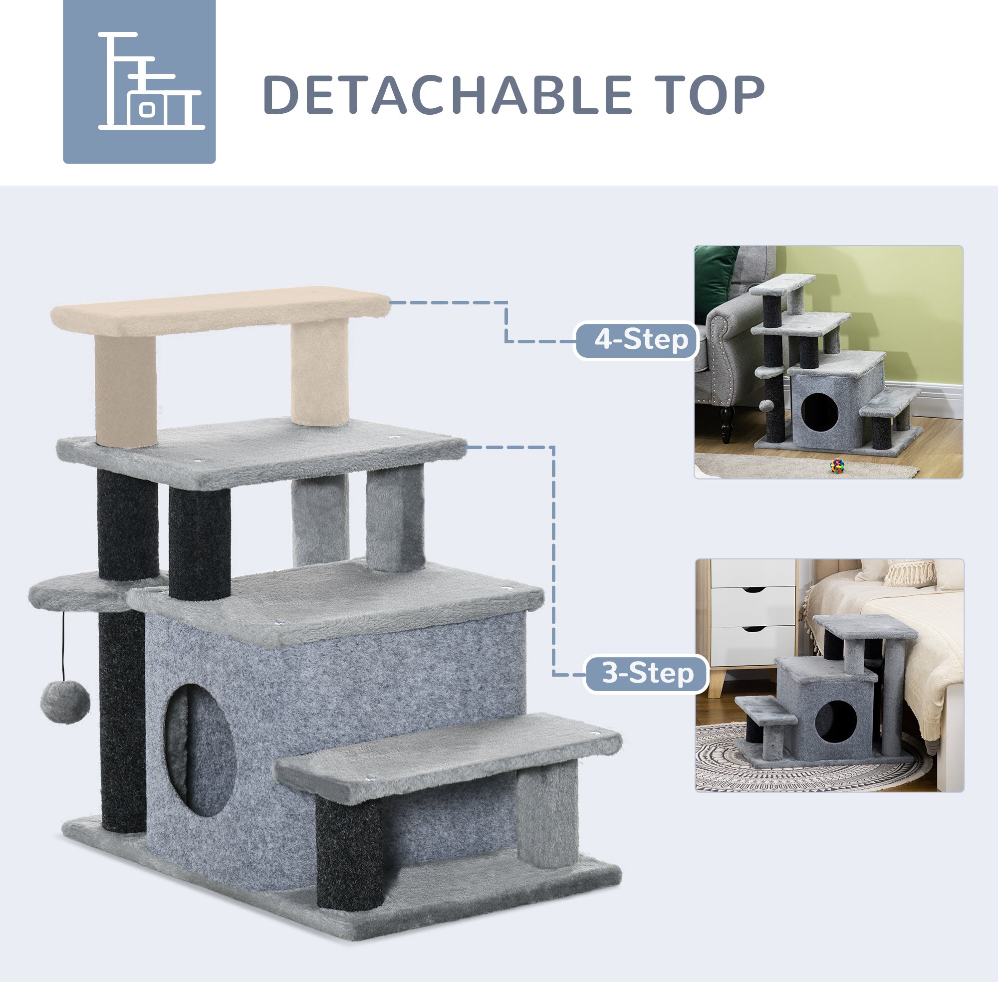 Adjustable Height 3 Step/4 Step Cat Stairs with Cat Scratching Post, Cat Condo, Toy Ball, for Bed, Sofa, Couch, Gray