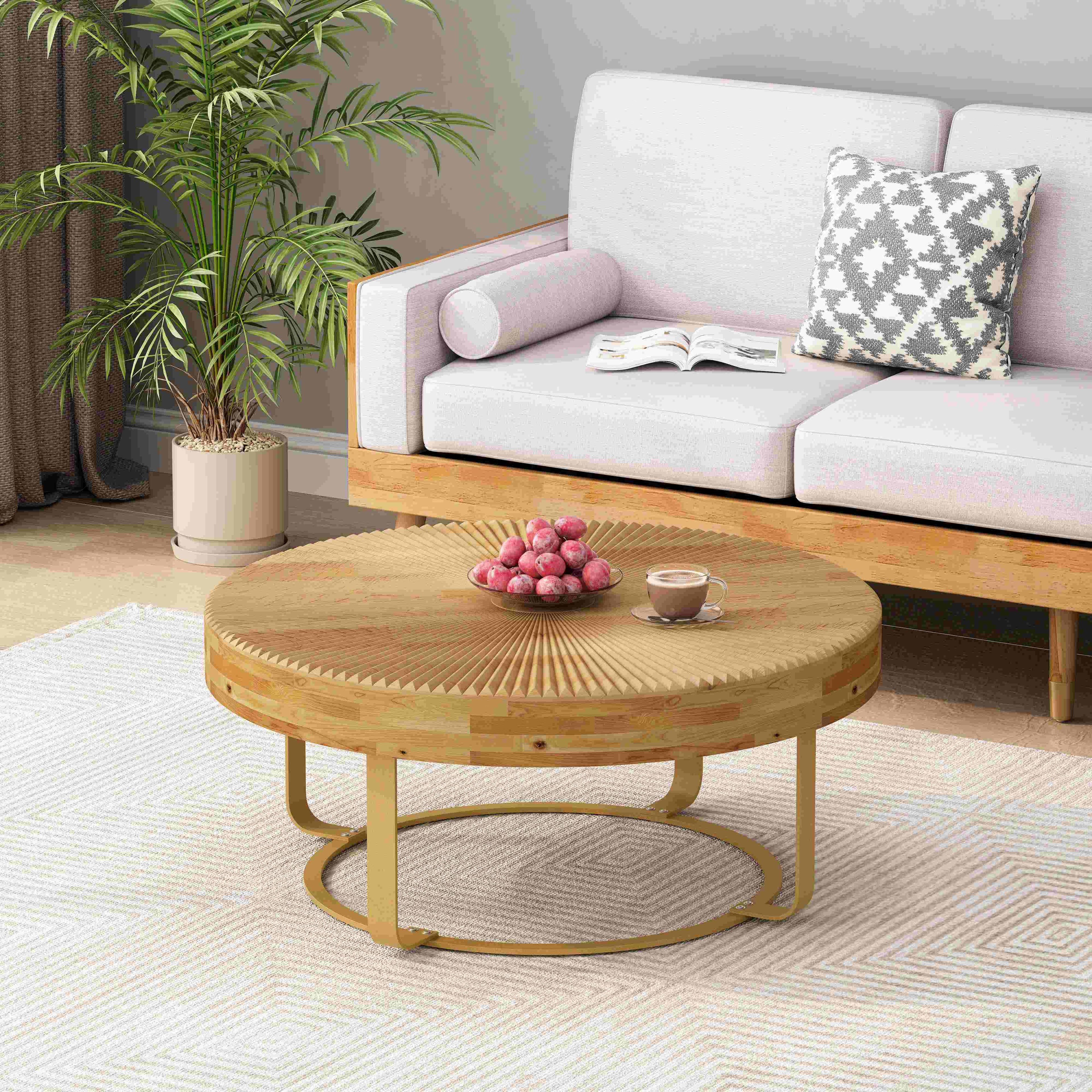 Modern Round Coffee Table, Wooden Carving Pattern with Metal Legs, Pine and MDF, 31.5"x31.5"x13.78", Natural+Gold