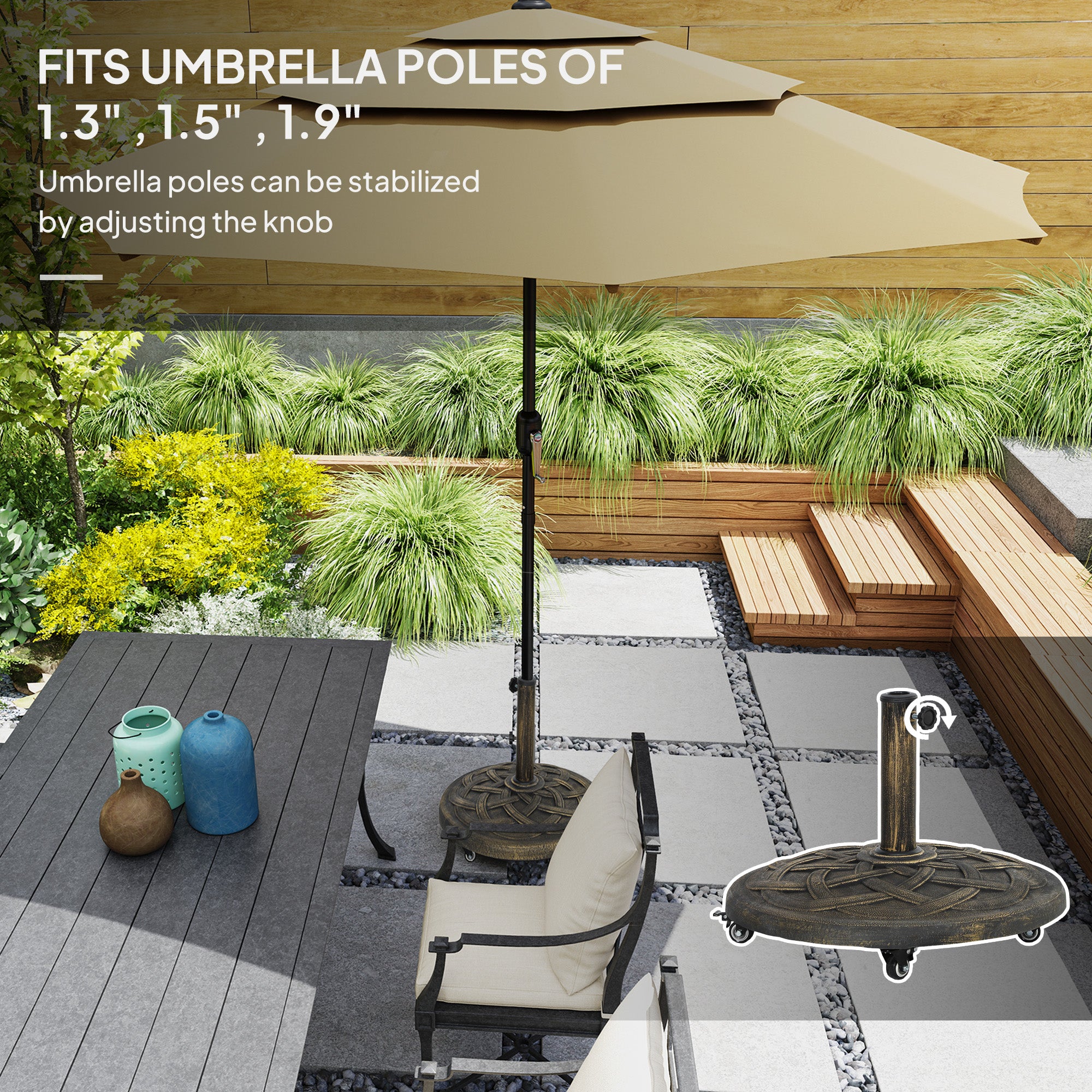 Round Patio Umbrella Base with Wheels, 44 lbs Resin Umbrella Stand Base, Heavy Duty Patio Umbrella Holder for 1.3"/1.5"/1.9" Umbrella Poles for Outdoor, Lawn, Poolside, Bronze