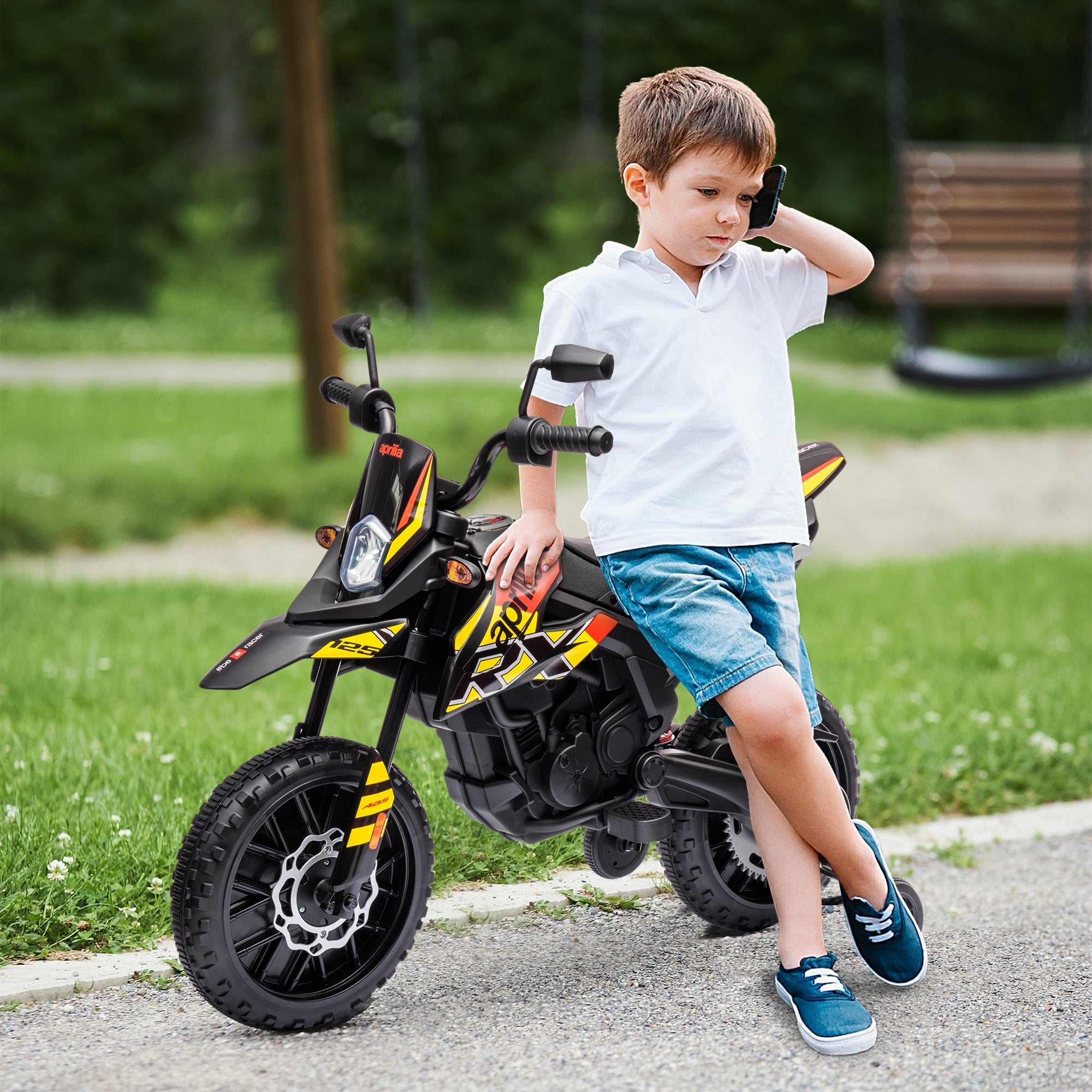 12V Aprilia Licenced Kids Motorcycle with Training Wheels, Spring Suspension, LED Light, USB, Music, Yellow