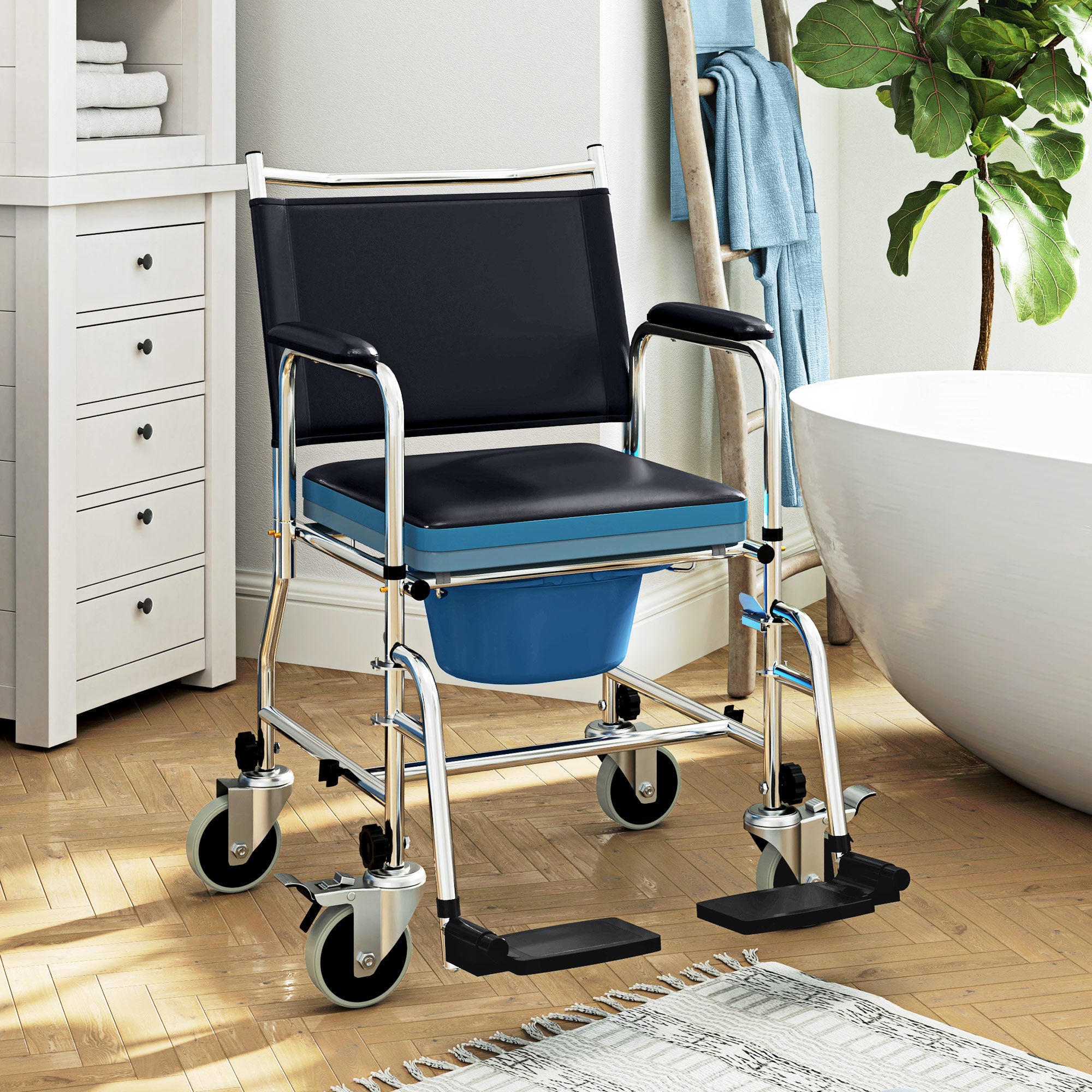 Rolling Shower Chair, Bedside Commode Wheelchair with Padded Seat, Backrest, for Seniors, Disabled, 300 lbs, Black