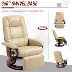 Air Leather Manual Recliner, Adjustable Swivel Lounge Chair with Footrest, Armrest and Wrapped Wood Base, Cream White