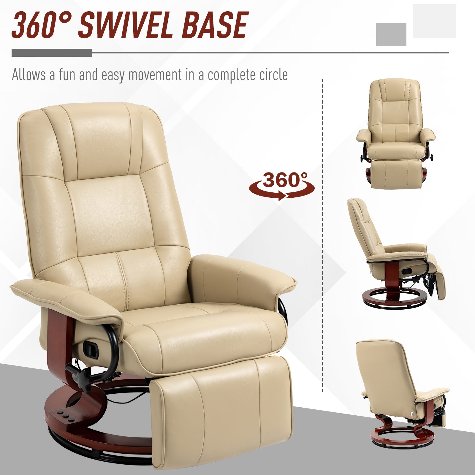 Air Leather Manual Recliner, Adjustable Swivel Lounge Chair with Footrest, Armrest and Wrapped Wood Base, Cream White