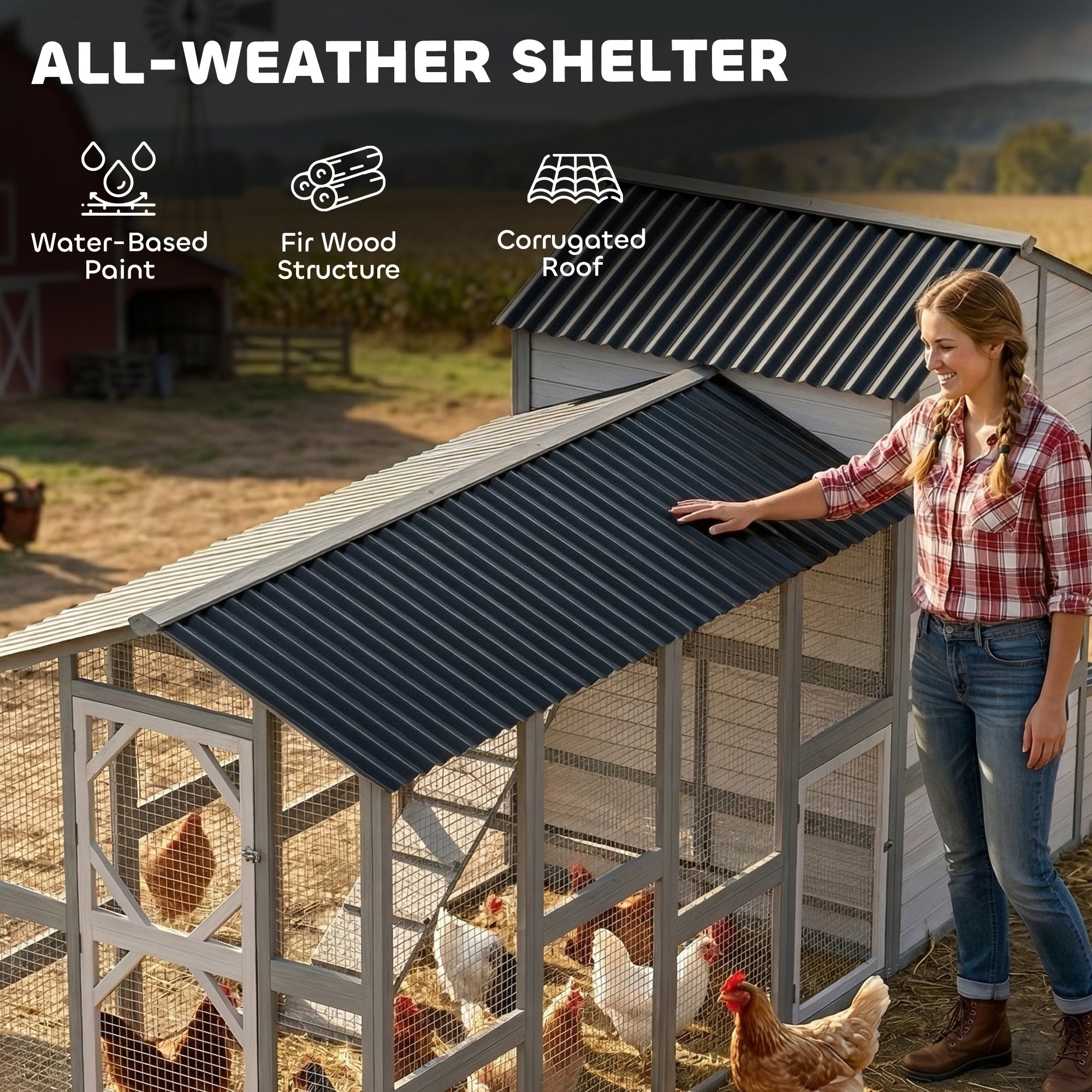 147" Extra Large Chicken Coop, Wooden Hen House for 8-10 Hens, Outdoor Chicken House Poultry Hutch with Run, Gray