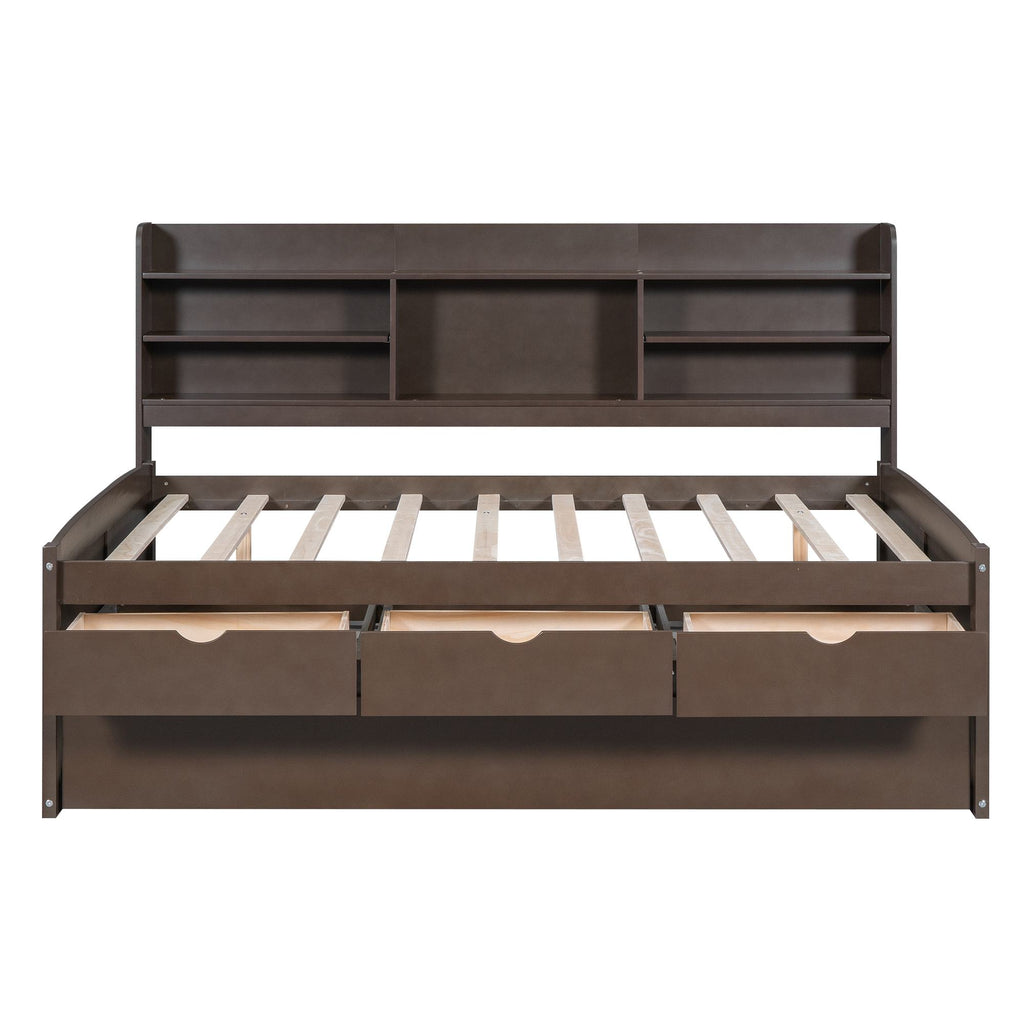 Classic Style Full Size Wooden Captain Bed with Built-in Bookshelves, 3 Storage Drawers, Trundle, 79" L x 104.5" W x 47" H, Antique Gray