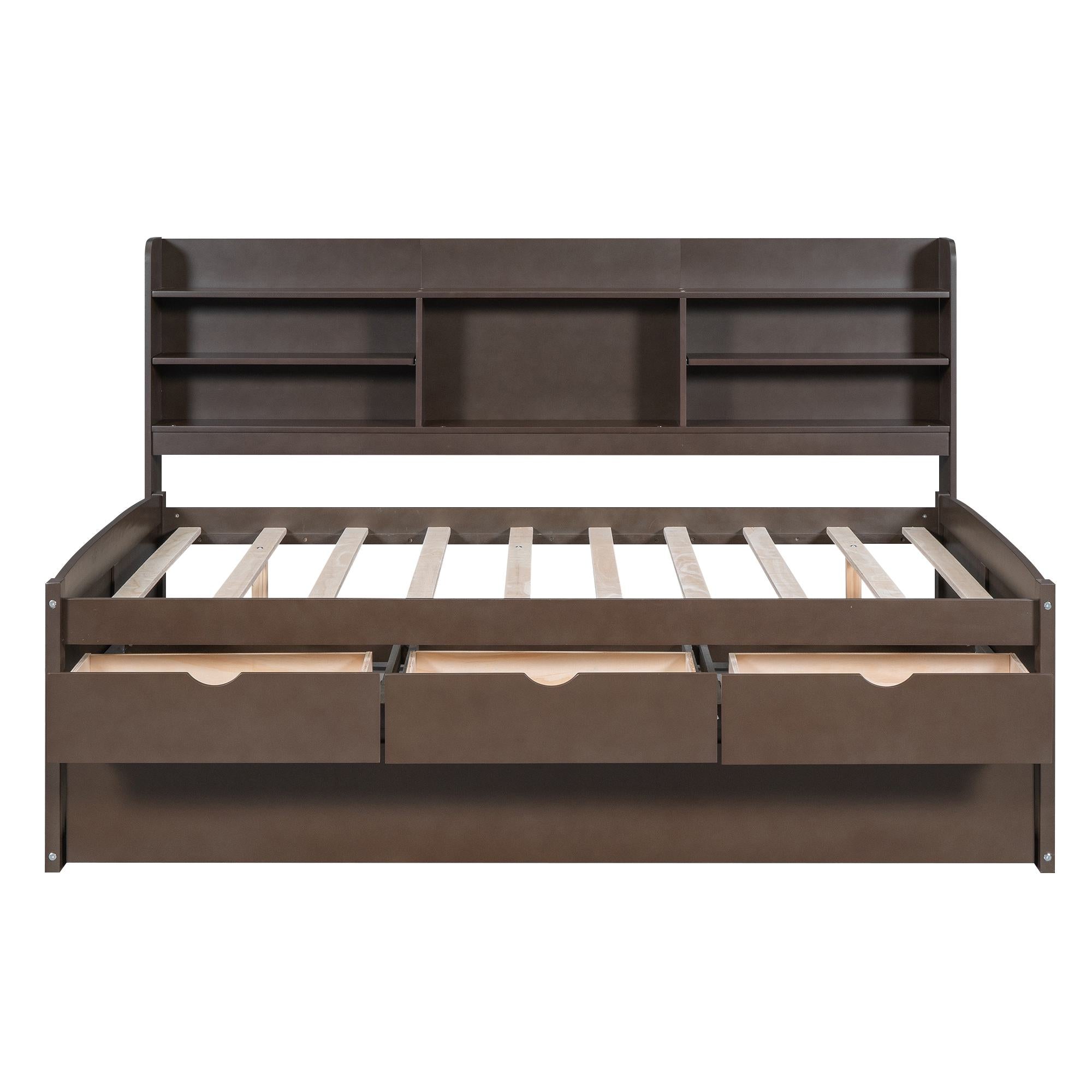 Classic Style Full Size Wooden Captain Bed with Built-in Bookshelves, 3 Storage Drawers, Trundle, 79" L x 104.5" W x 47" H, Antique Gray