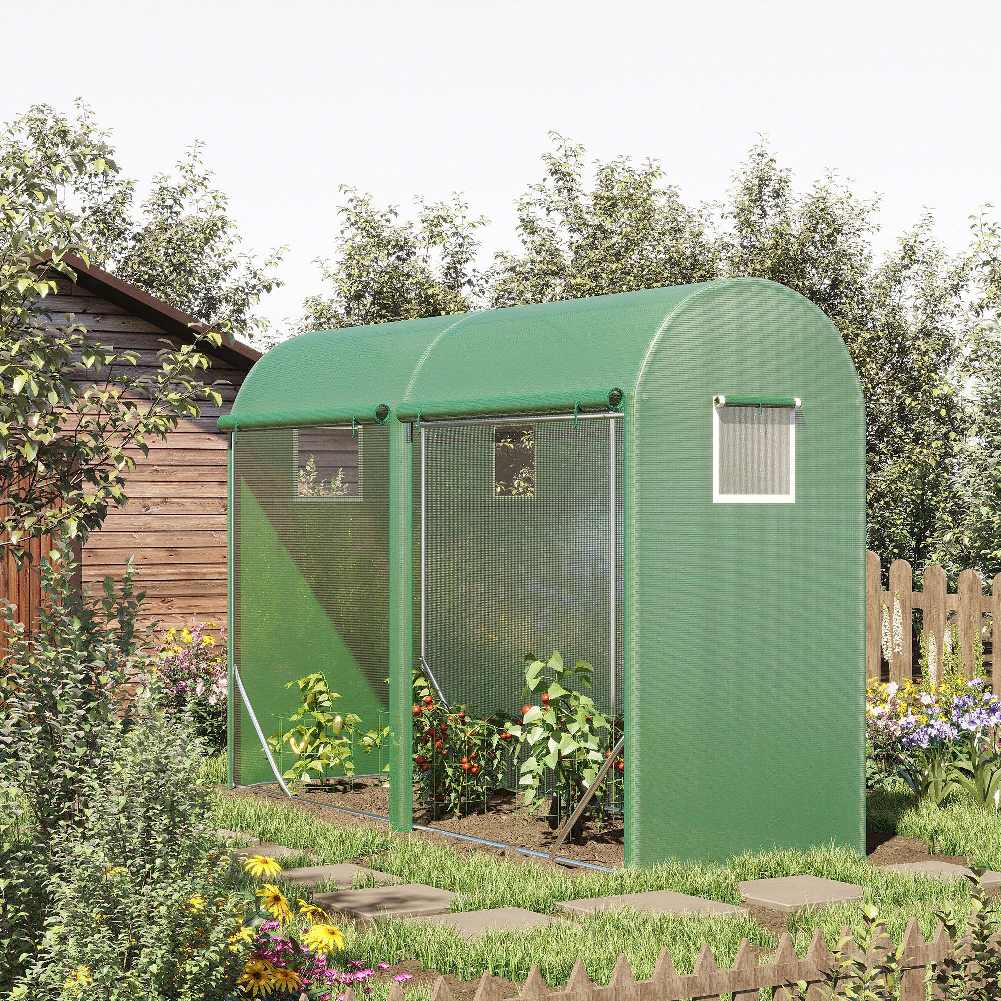 10' x 3' x 7' Walk-in Lean-to Greenhouse, Steel, 4 Zipper Roll-up Windows & 2 Doors, UV Protecting PE Cover for Growing Flowers, Vegetables, Tropical Plants, Saplings, Succulents, Green