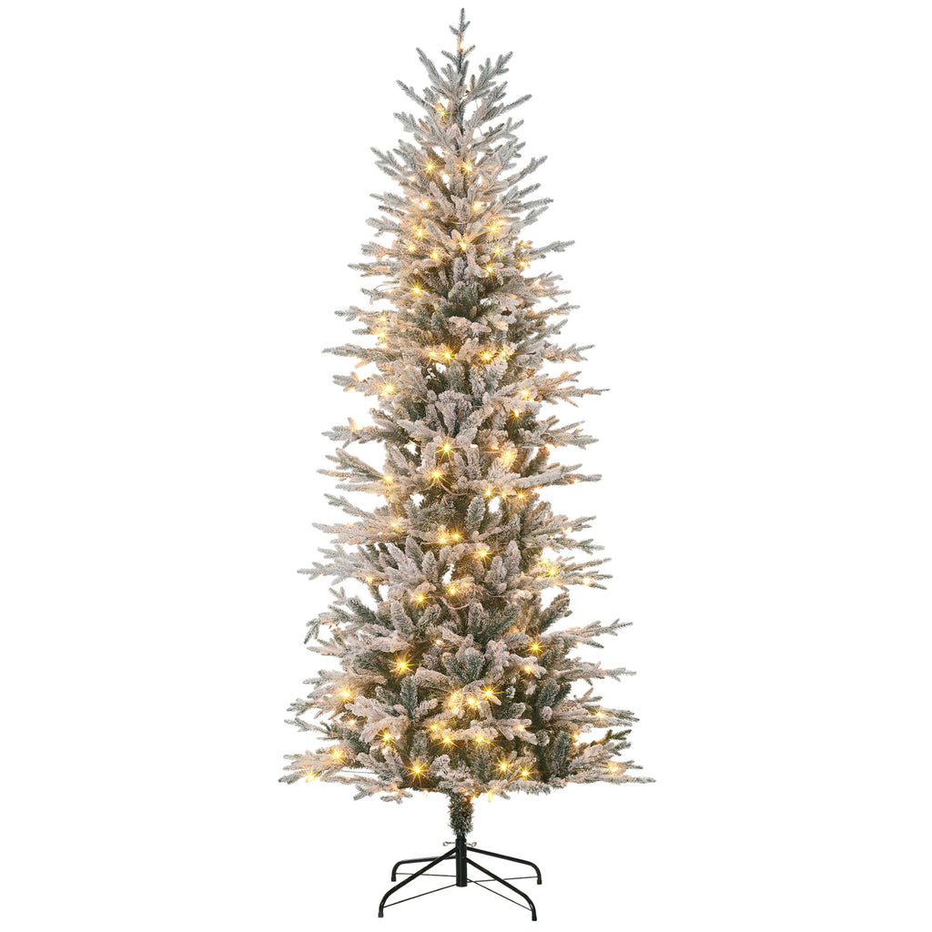 7.5' Pre Lit Artificial Flocked Christmas Trees, with Snow Branches, Warm Yellow Clear Lights, Auto Open, Extra Bulb