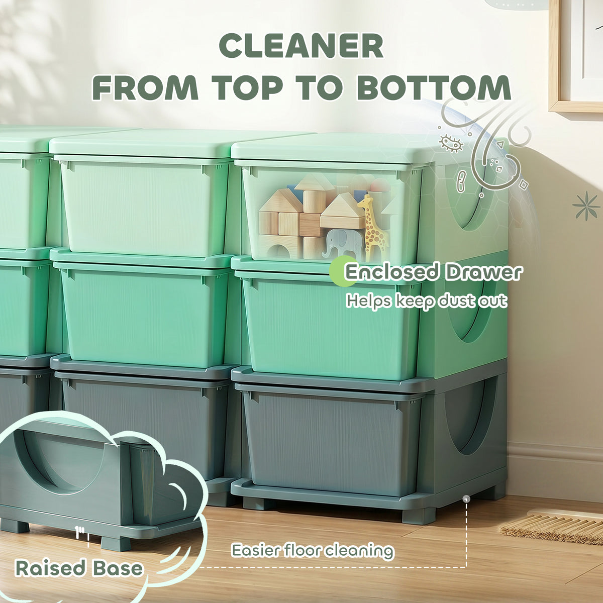 3 Tier Kids Storage Organizer with 9 Drawers for Bedroom, Nursery, Kindergarten, Living Room, Boys and Girls, Green