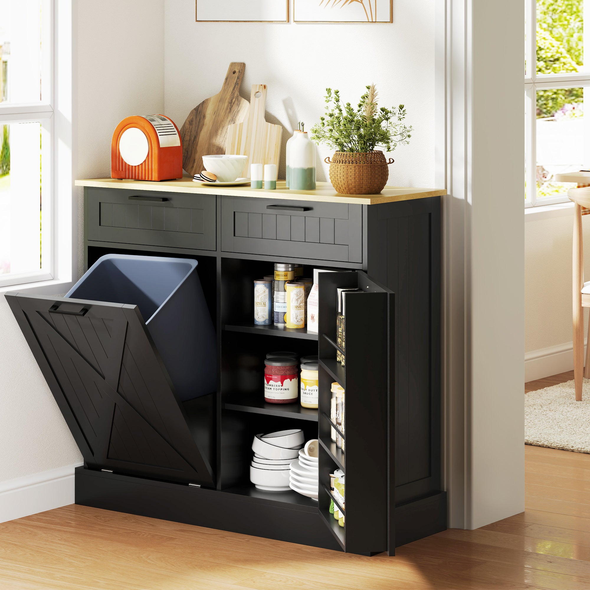 10 Gallon Farmhouse Kitchen Cabinet with Hidden Trash Can and 2 Drawers, Tilt Out Trash Can Cabinet for Kitchen, Black