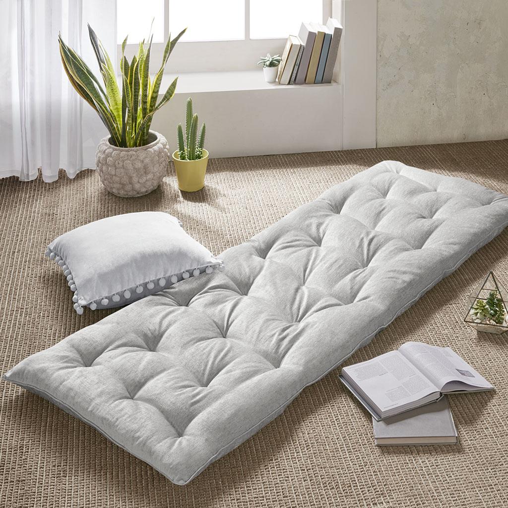 Lightweight Poly Chenille Floor Pillow Cushion with Tufted Detailing, Travel Wrap, Versatile Long Lounger for Relaxing, 74" L x 27" W x 3" H, Gray