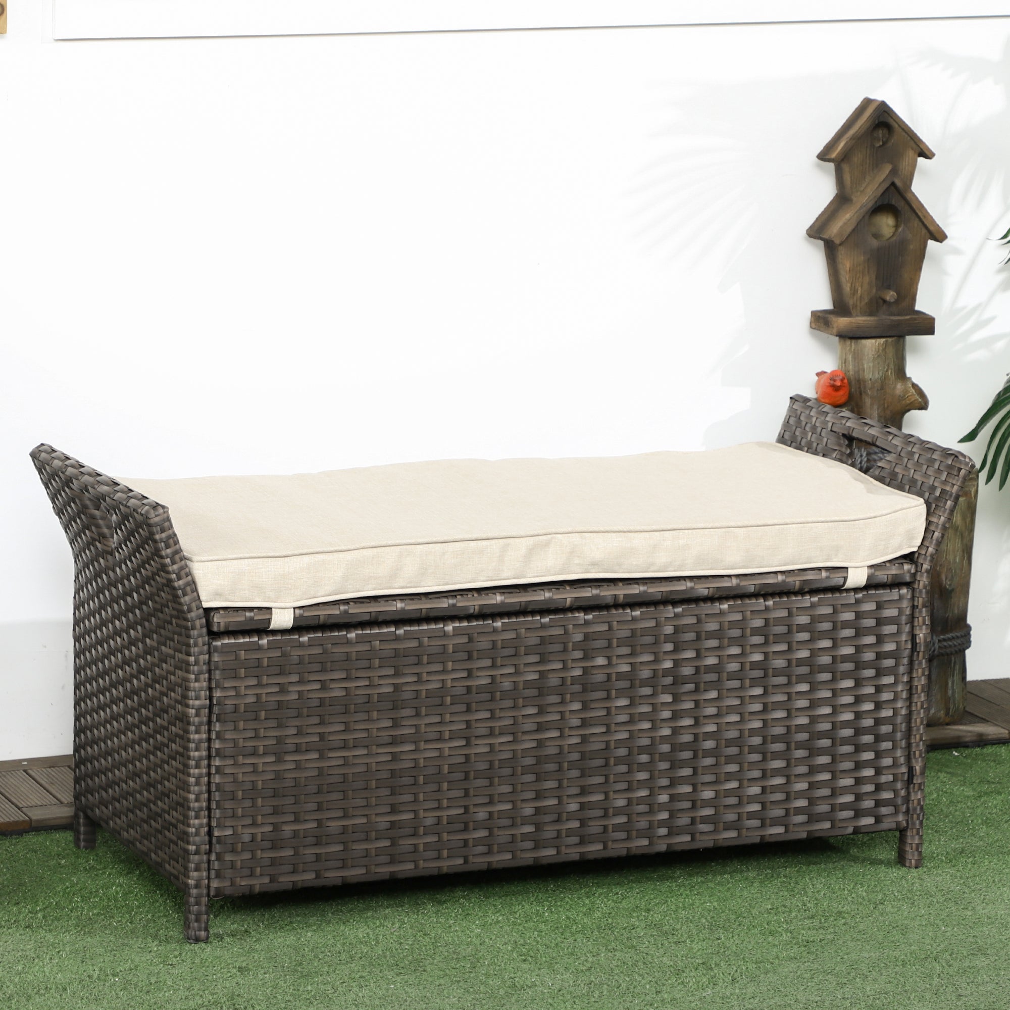 29 Gallon Patio Wicker Storage Bench, Outdoor PE Rattan Furniture, 2-In-1 Large Capacity Rectangle Garden Storage Box with Handles and Cushion, Cream White